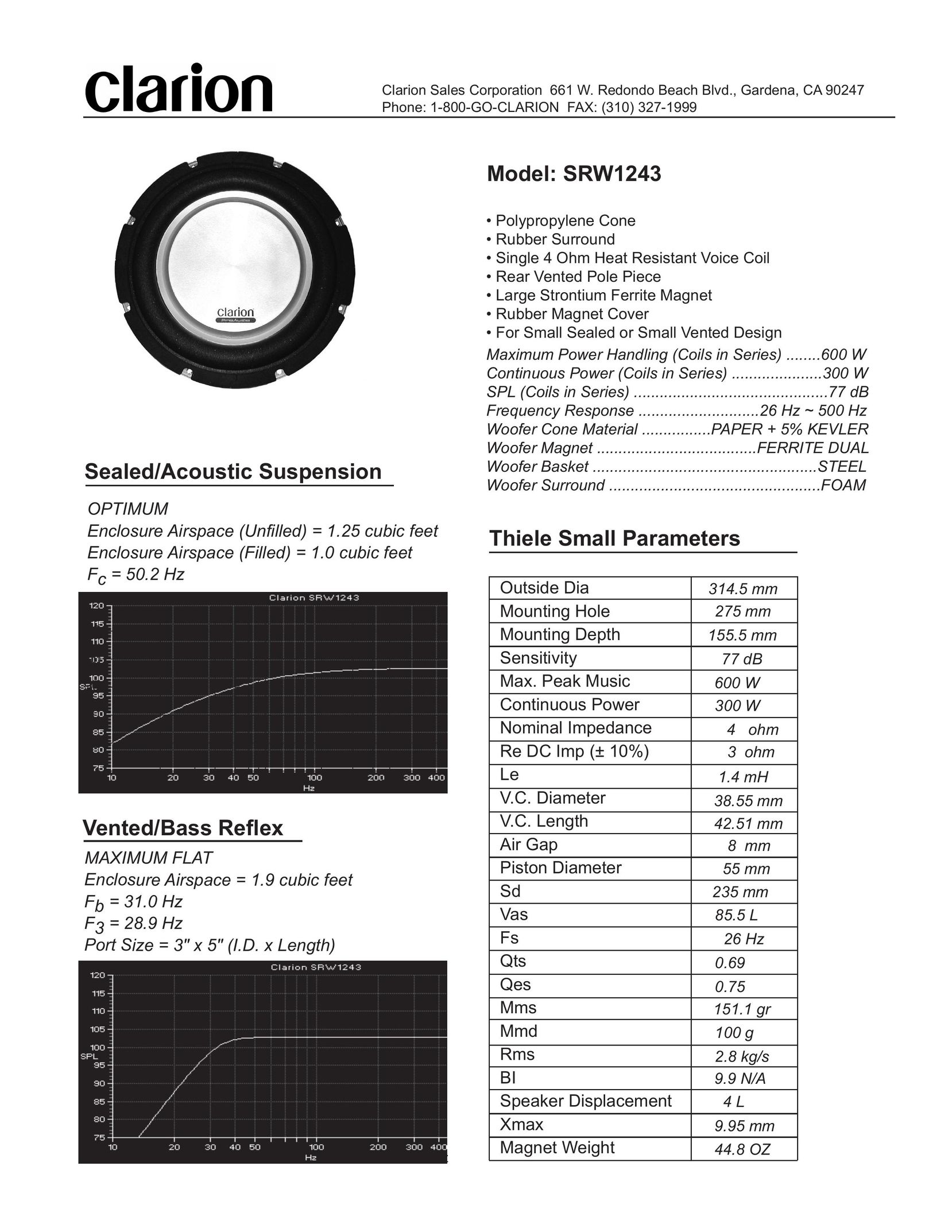 Clarion SRW1243 Speaker User Manual