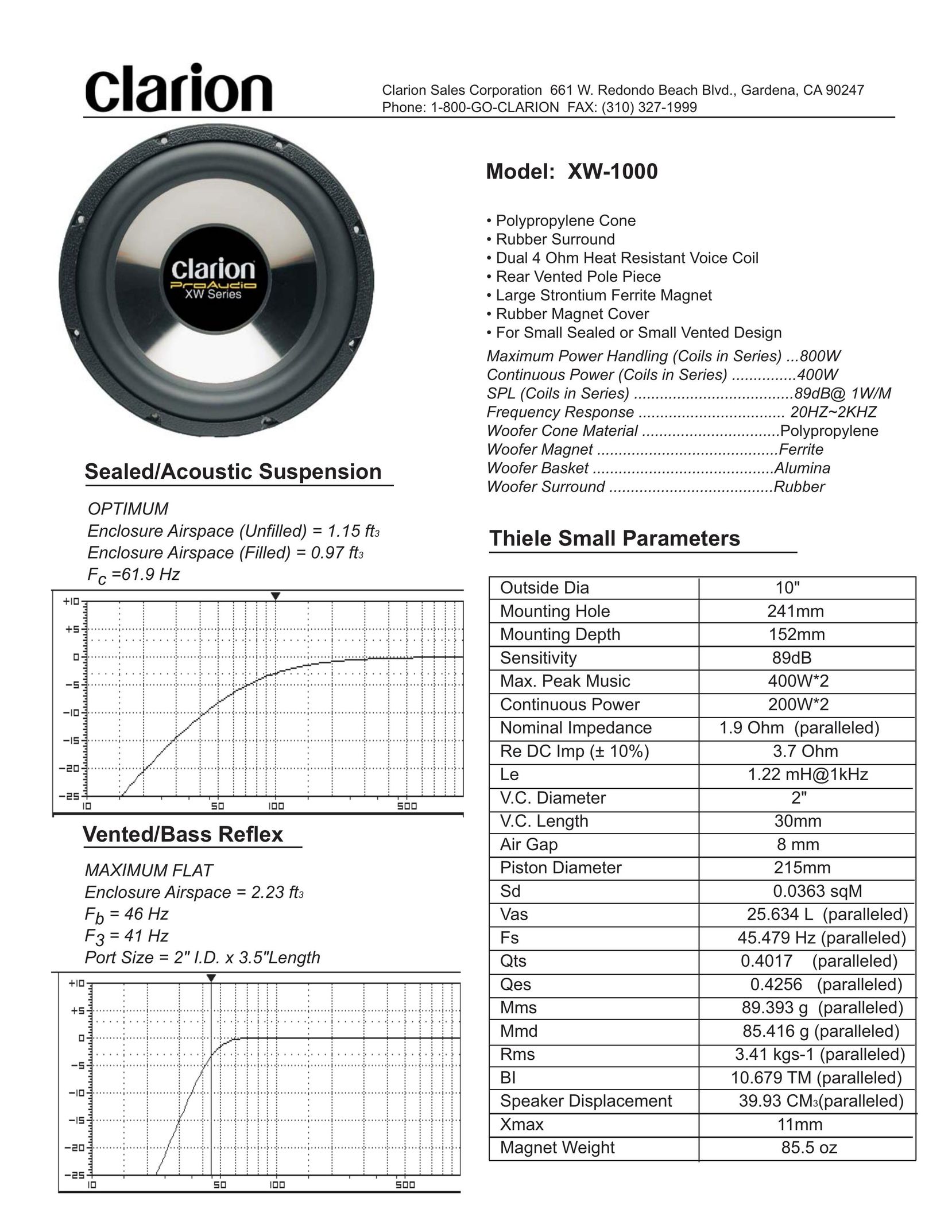 Clarion XW-1000 Speaker User Manual