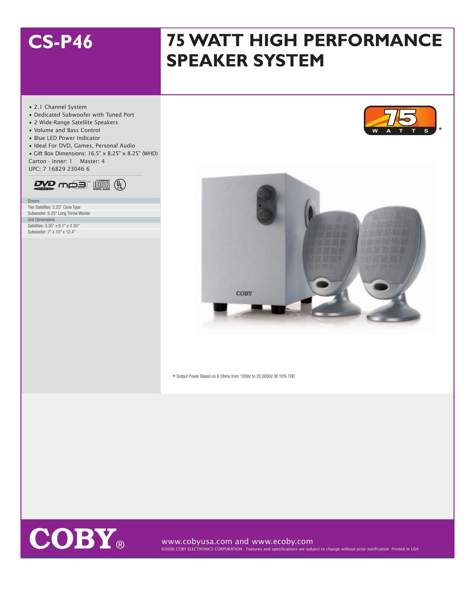 COBY electronic CS-P46 Speaker User Manual