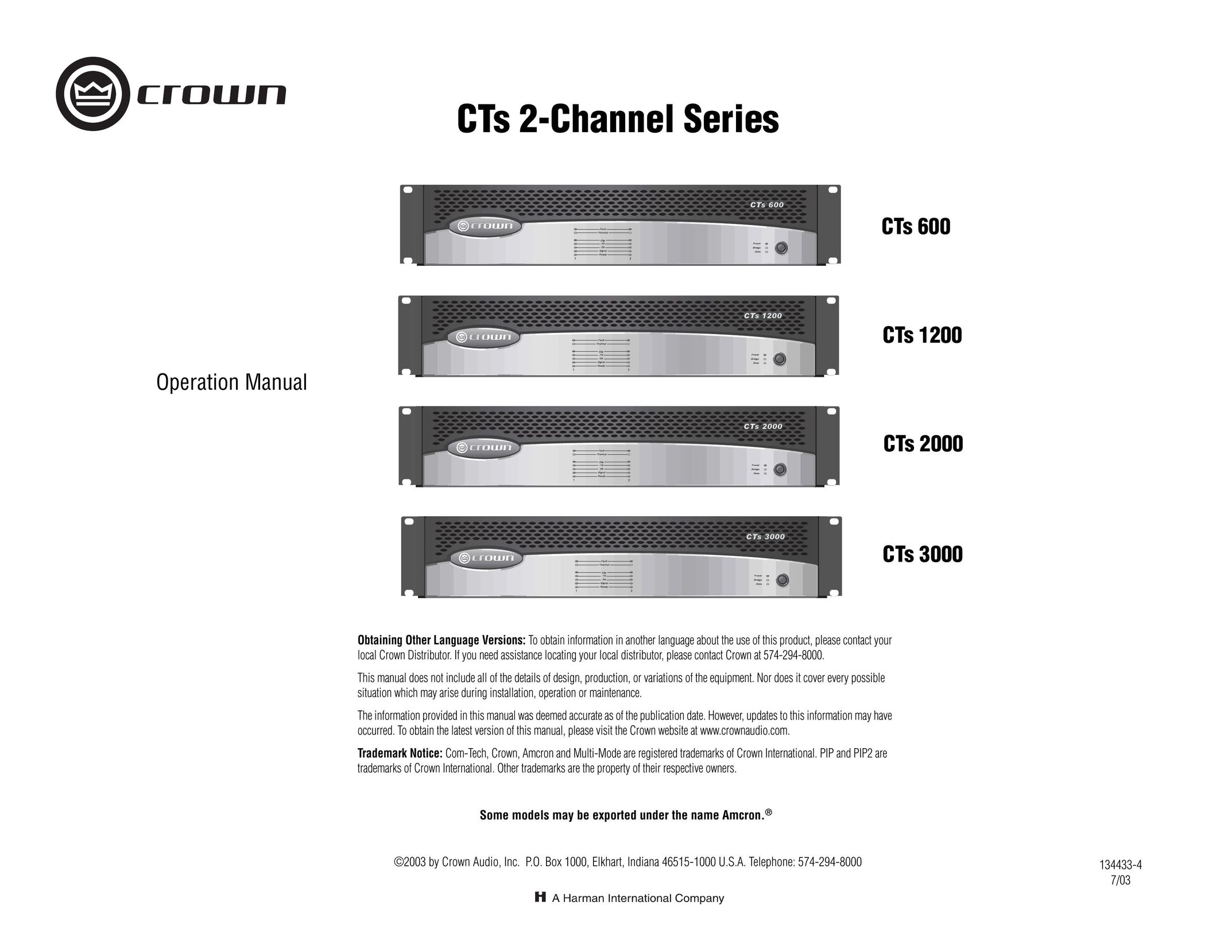 Crown Audio CTs 2000 Speaker User Manual