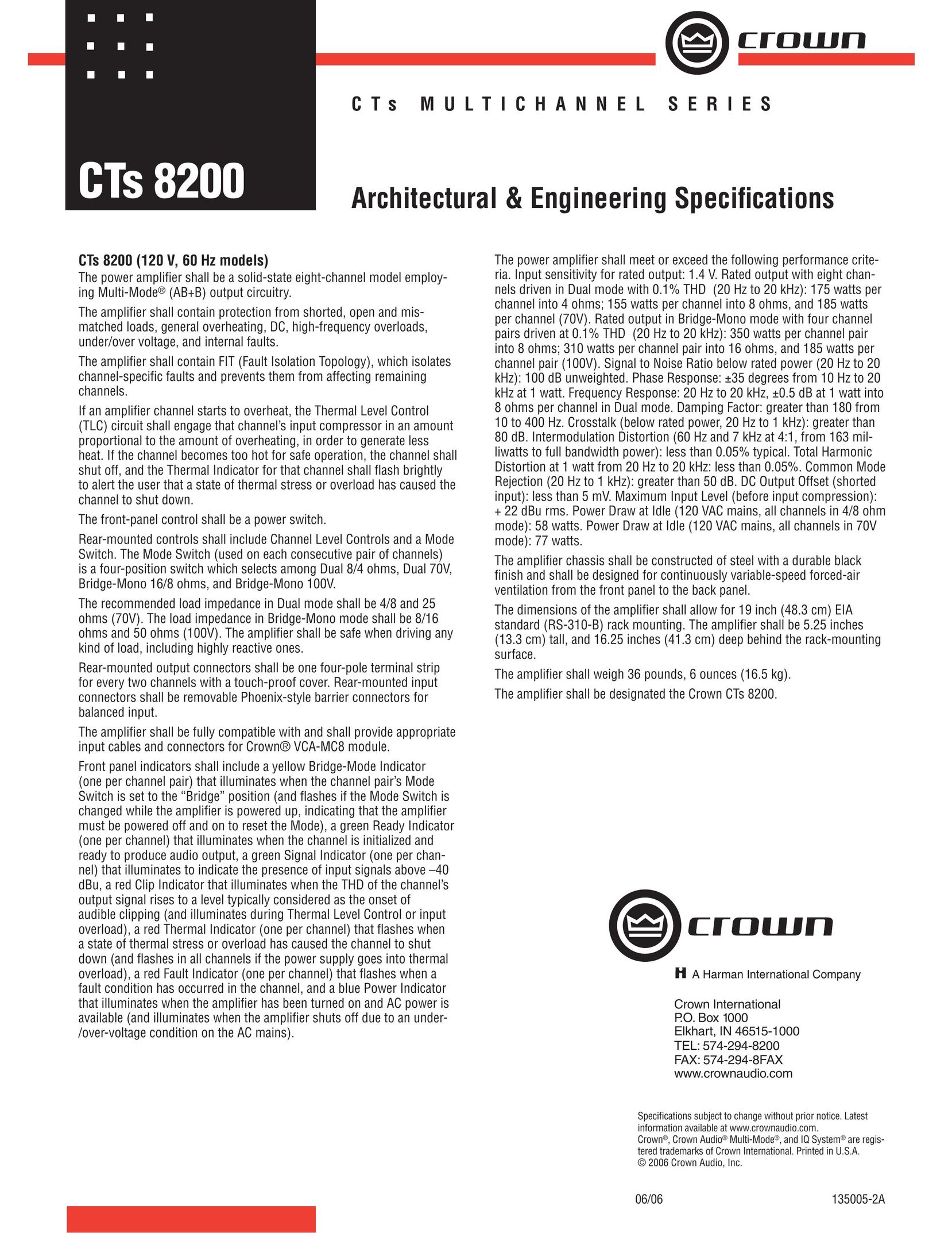 Crown Audio CTs 8200 Speaker User Manual
