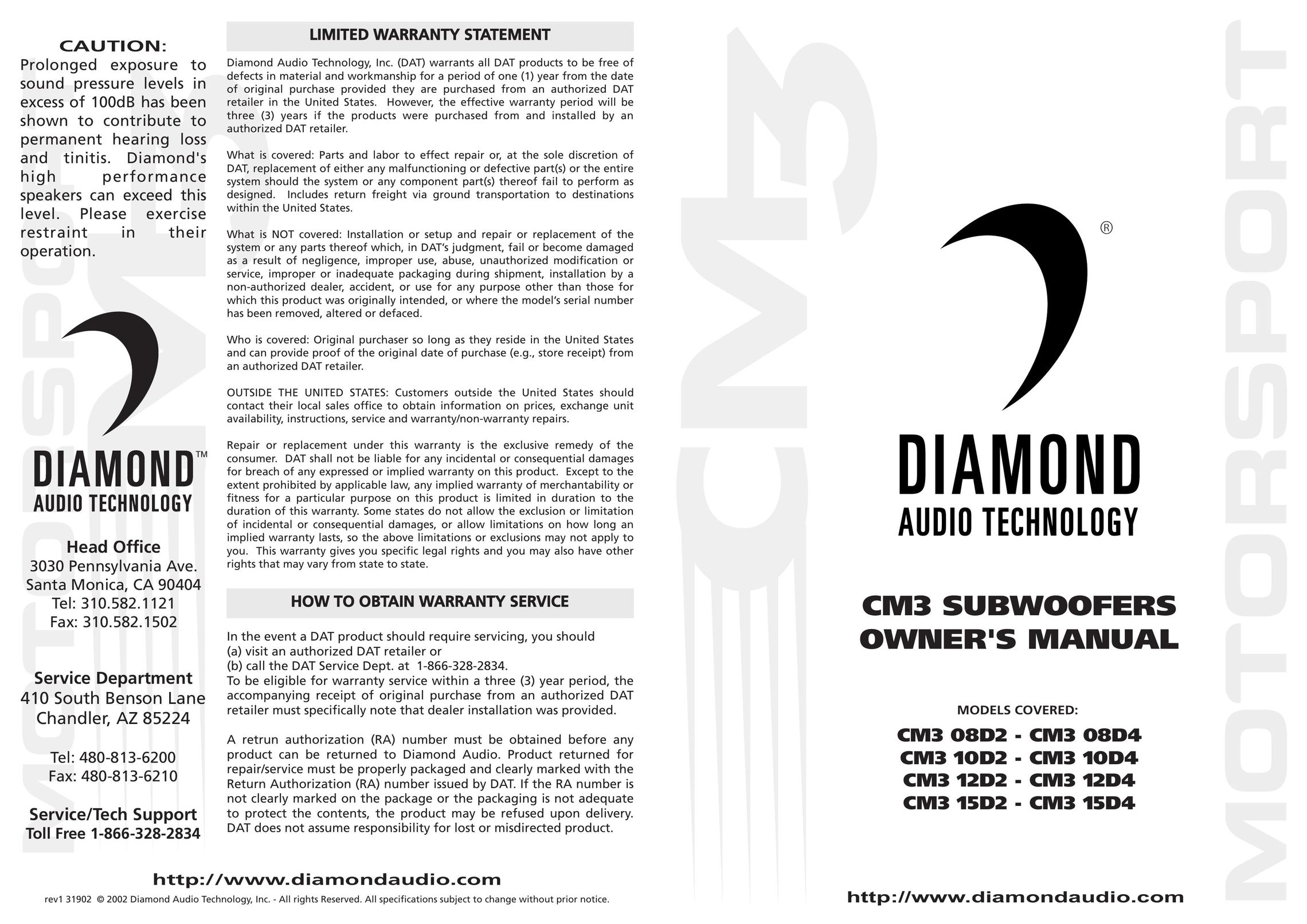 Diamond Audio Technology CM3 10D2 Speaker User Manual