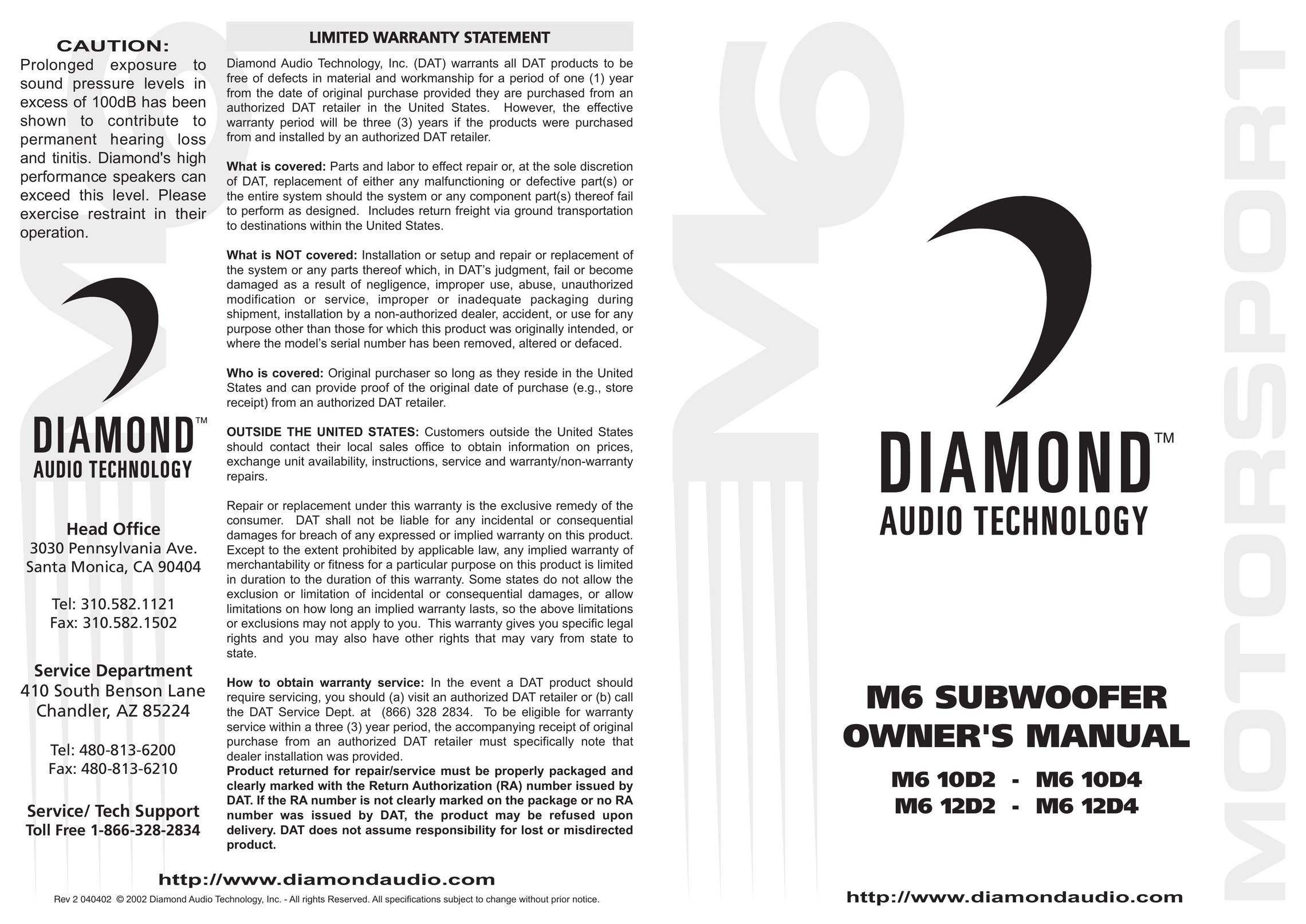 Diamond Audio Technology M6 10D2 Speaker User Manual