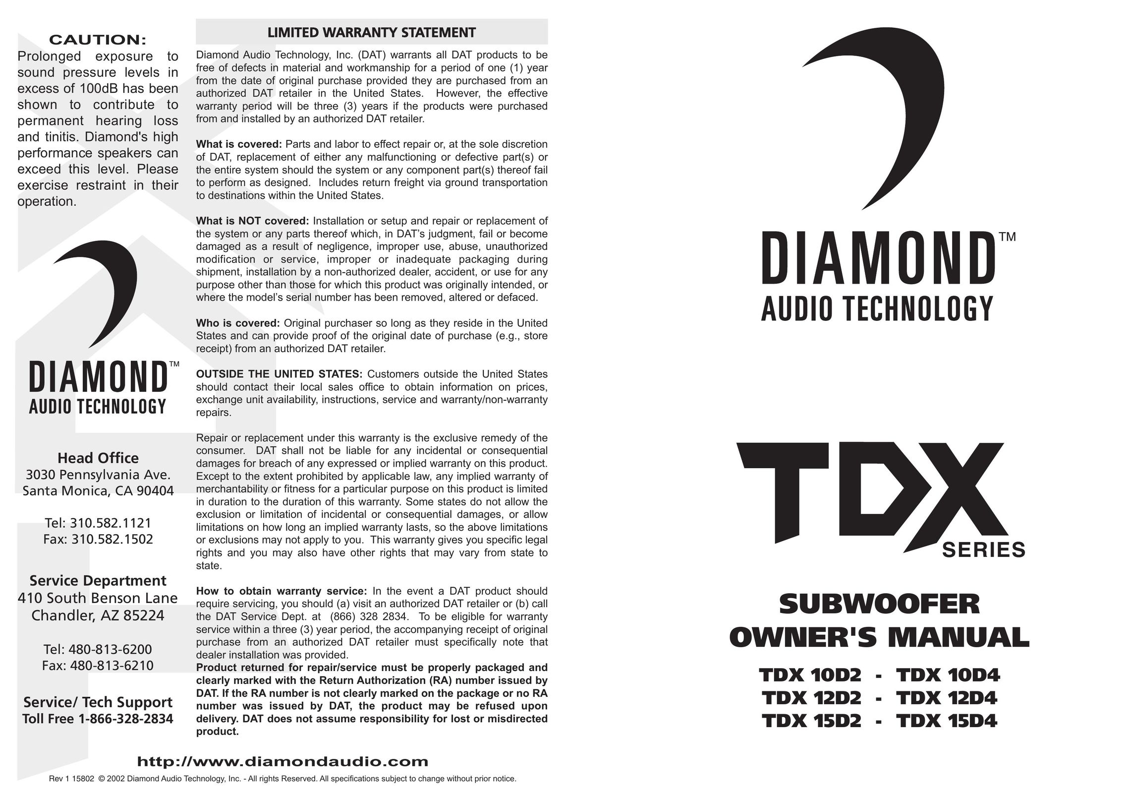 Diamond Audio Technology TDX 10D3 Speaker User Manual