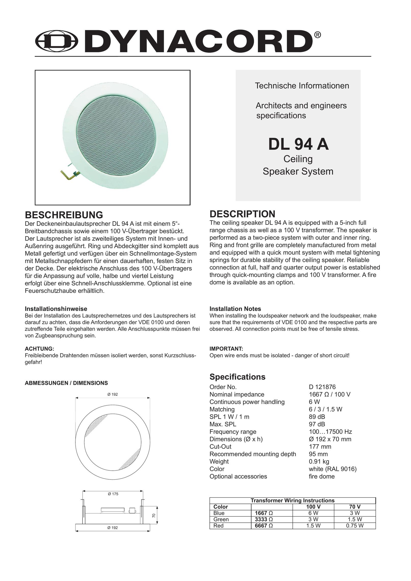 Dynacord DL 94 A Speaker User Manual