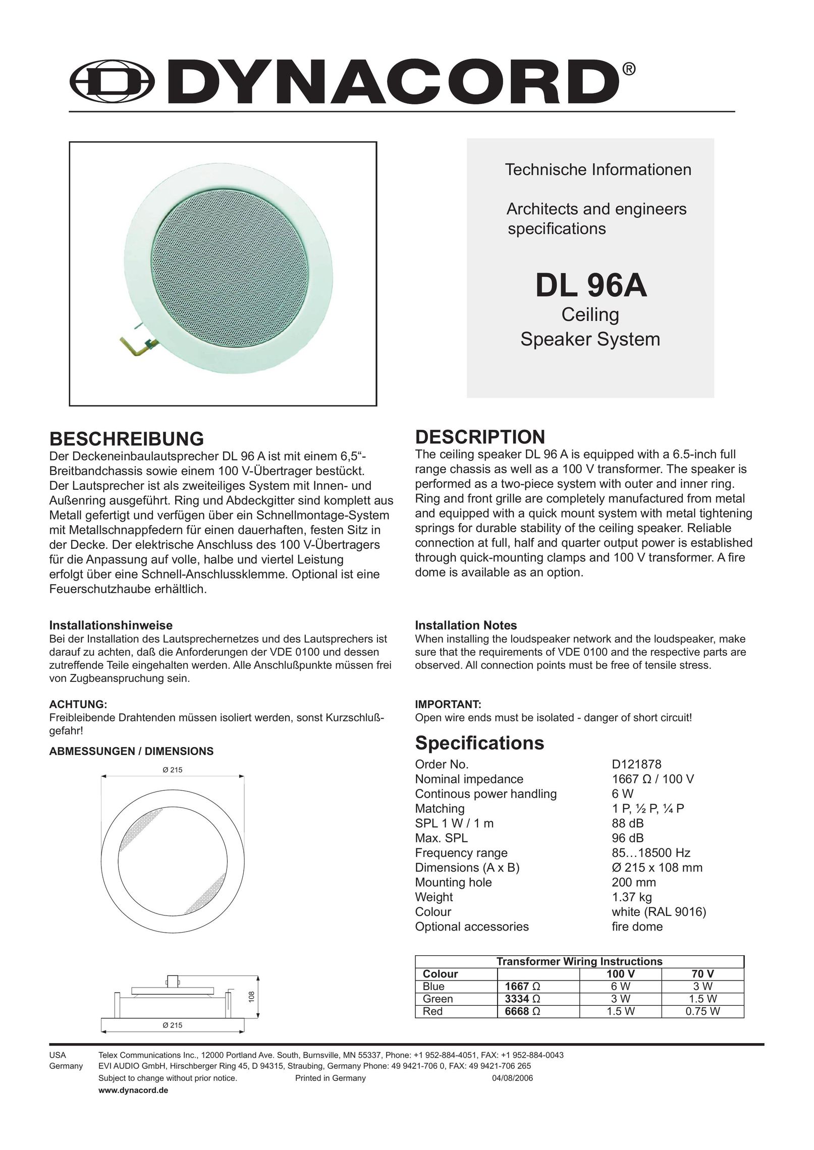 Dynacord DL 96A Speaker User Manual