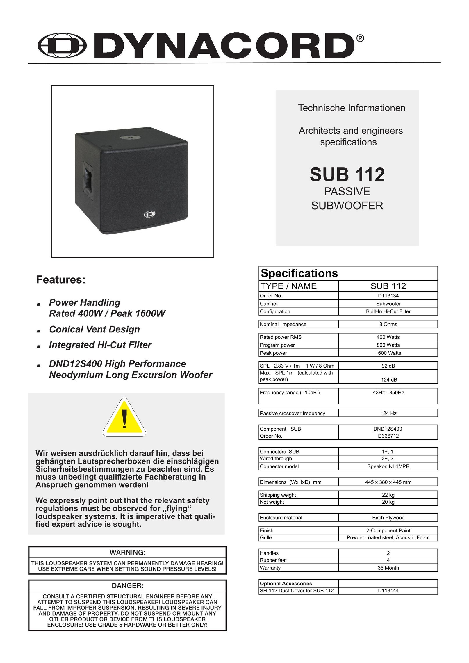 Dynacord SUB 112 Speaker User Manual