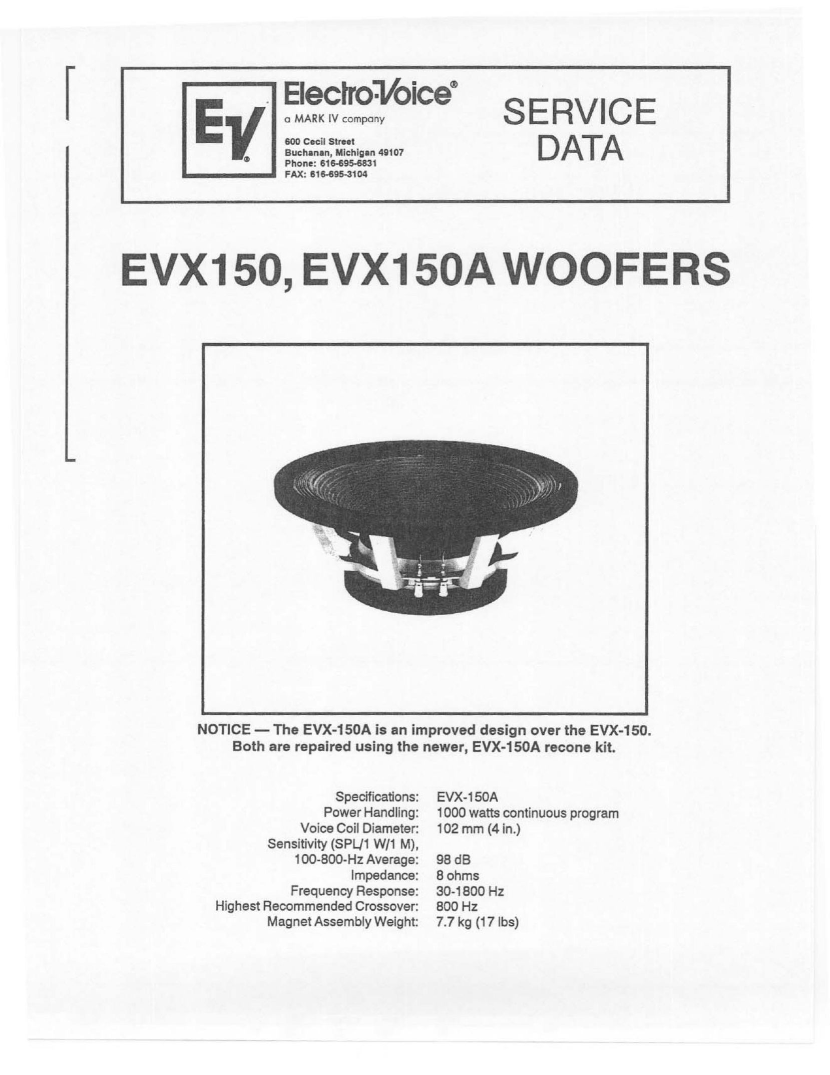 Electro-Voice EVX150 Speaker User Manual