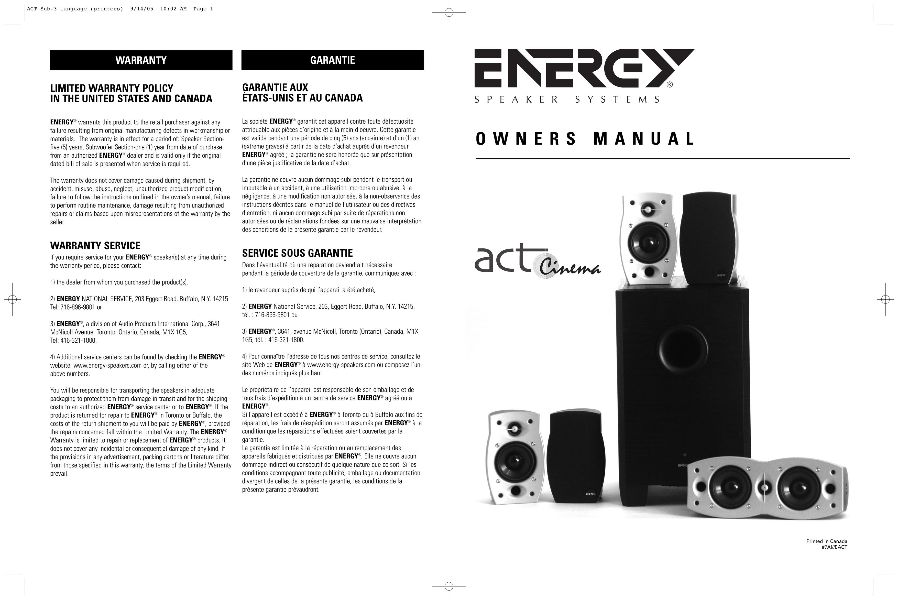 Energy Speaker Systems act Cinema Speaker User Manual