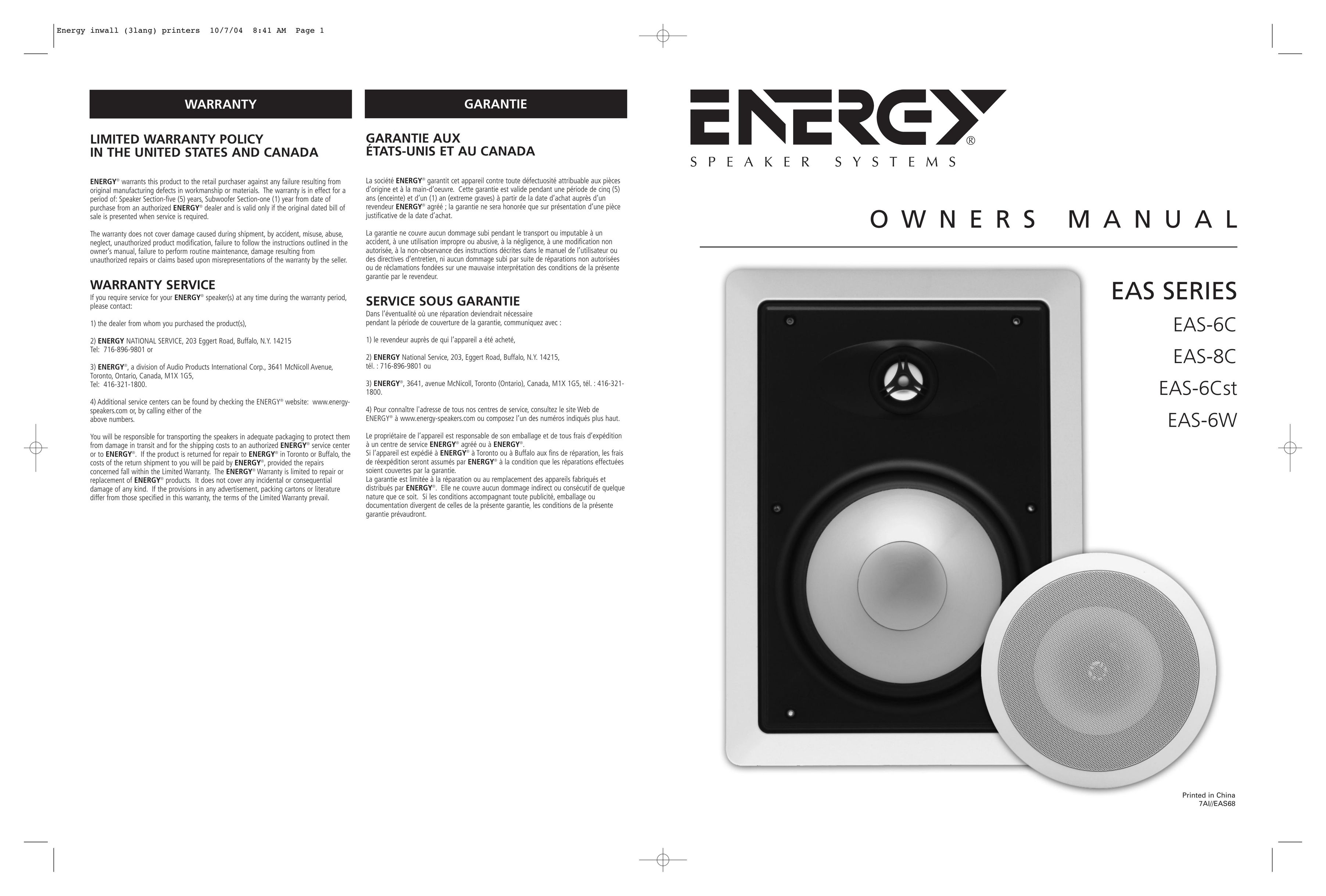 Energy Speaker Systems EAS-6C Speaker User Manual