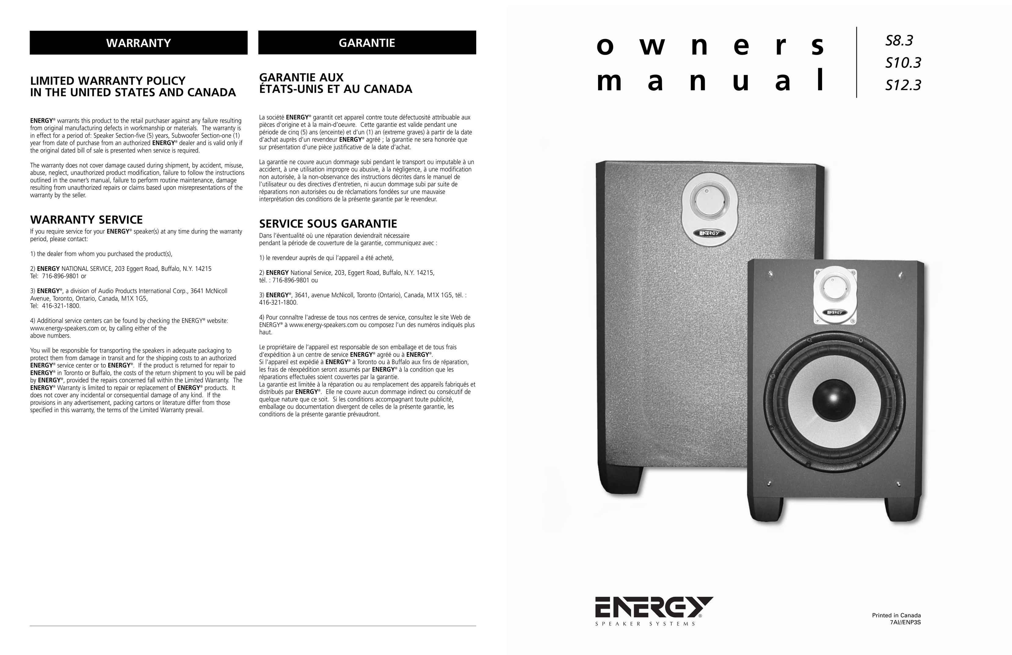 Energy Speaker Systems S10.3 Speaker User Manual