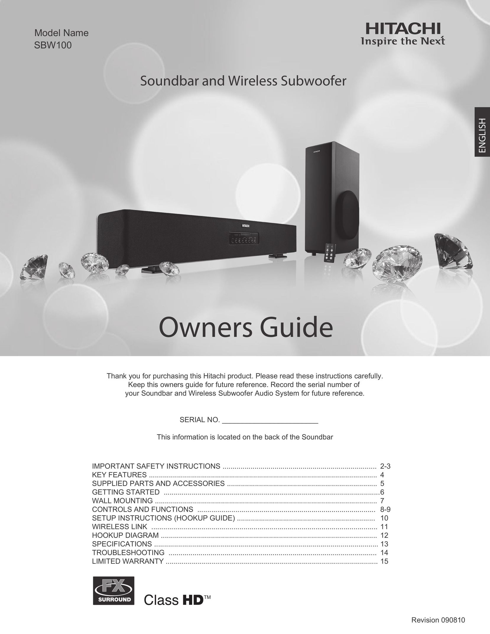 Hitachi SBW100 Speaker User Manual