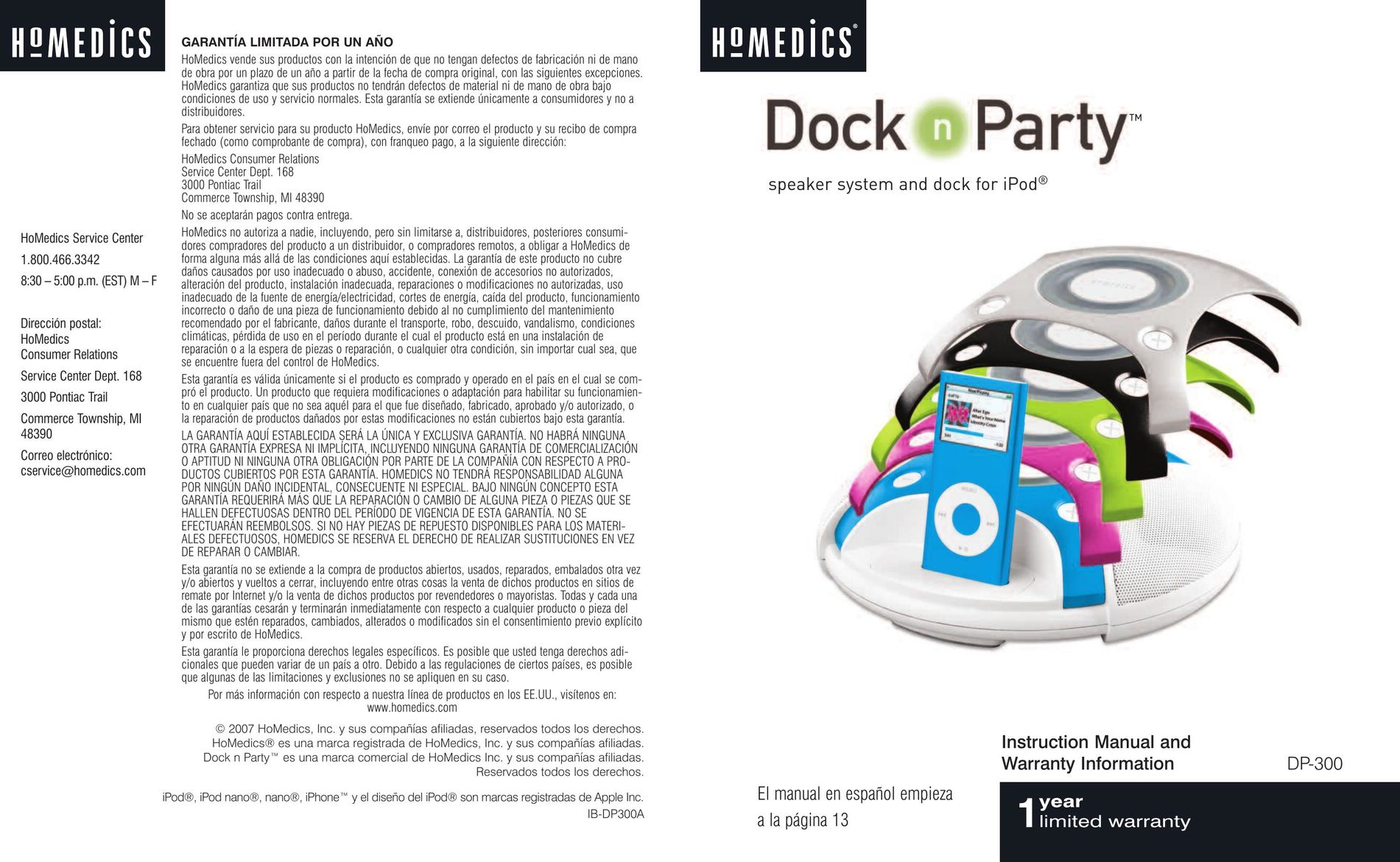 HoMedics DP-300 Speaker User Manual