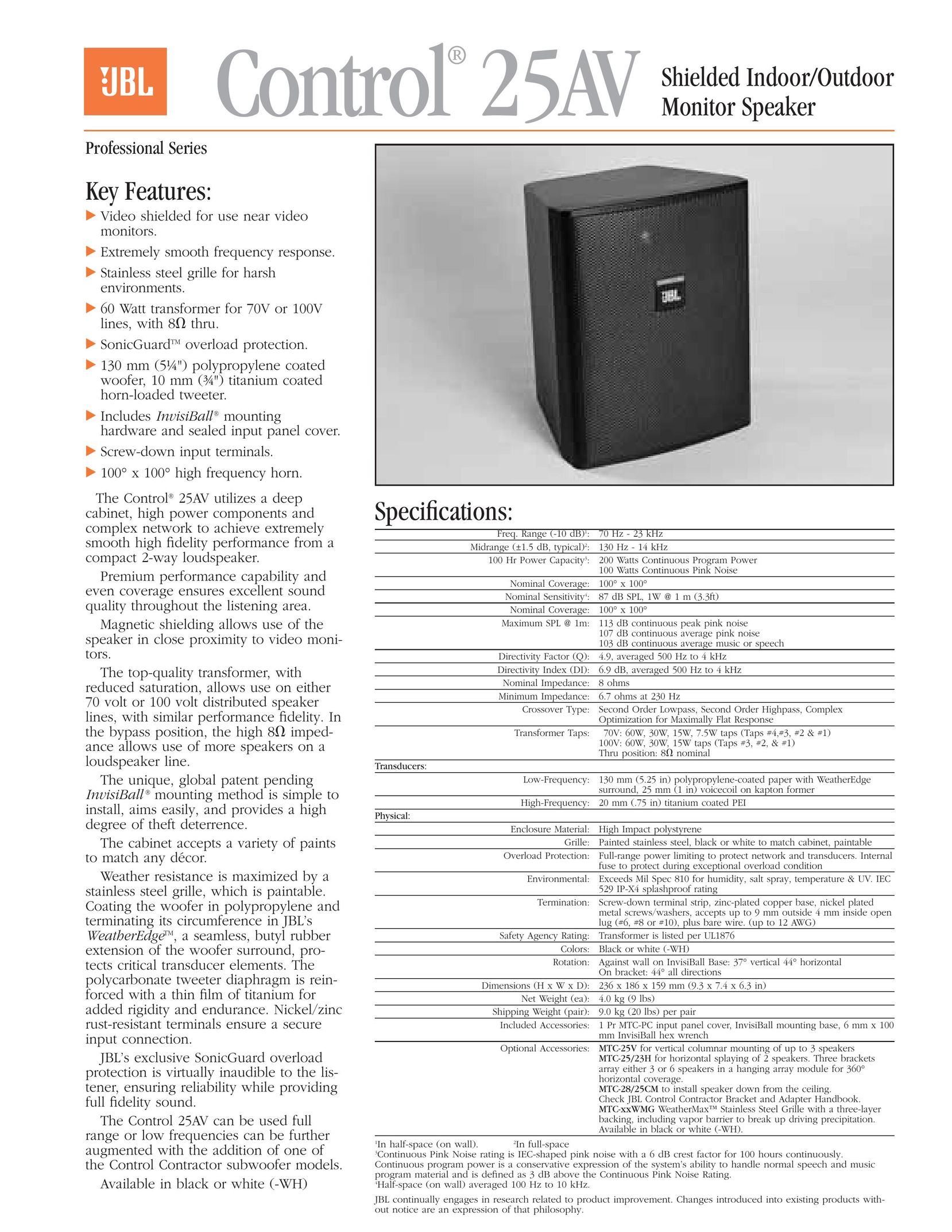 JBL CONTROL-25AV-WH Speaker User Manual