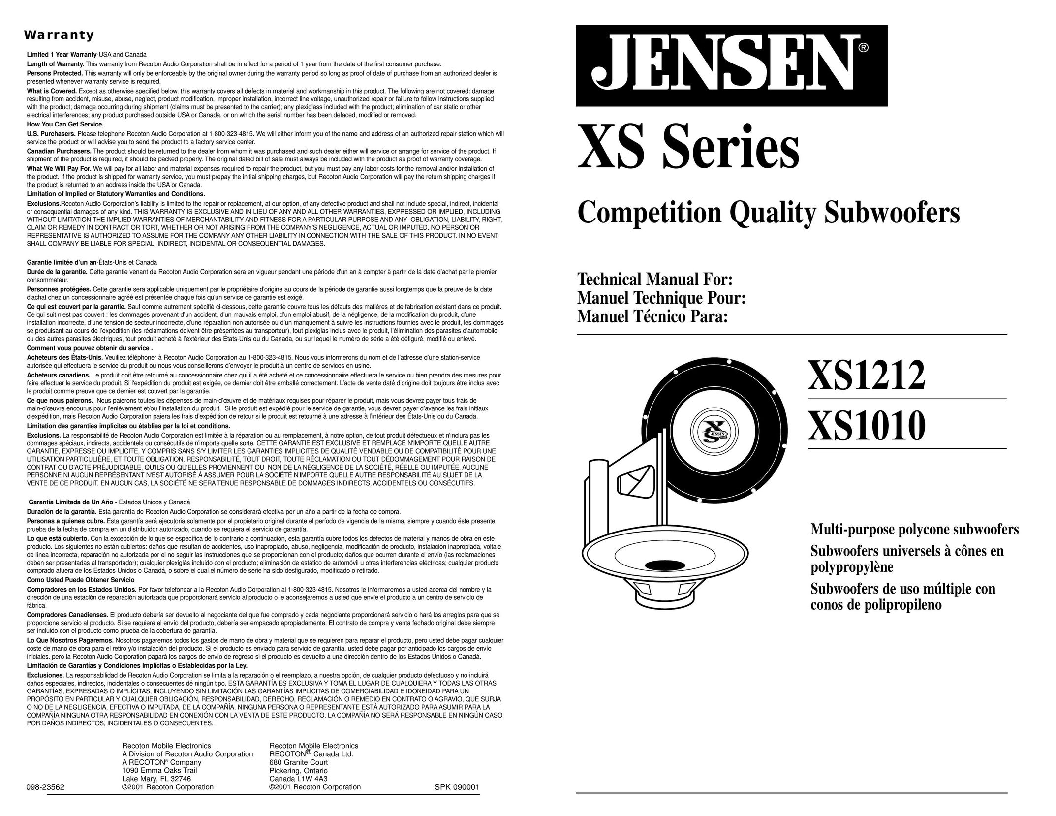 Jensen XS1212 Speaker User Manual