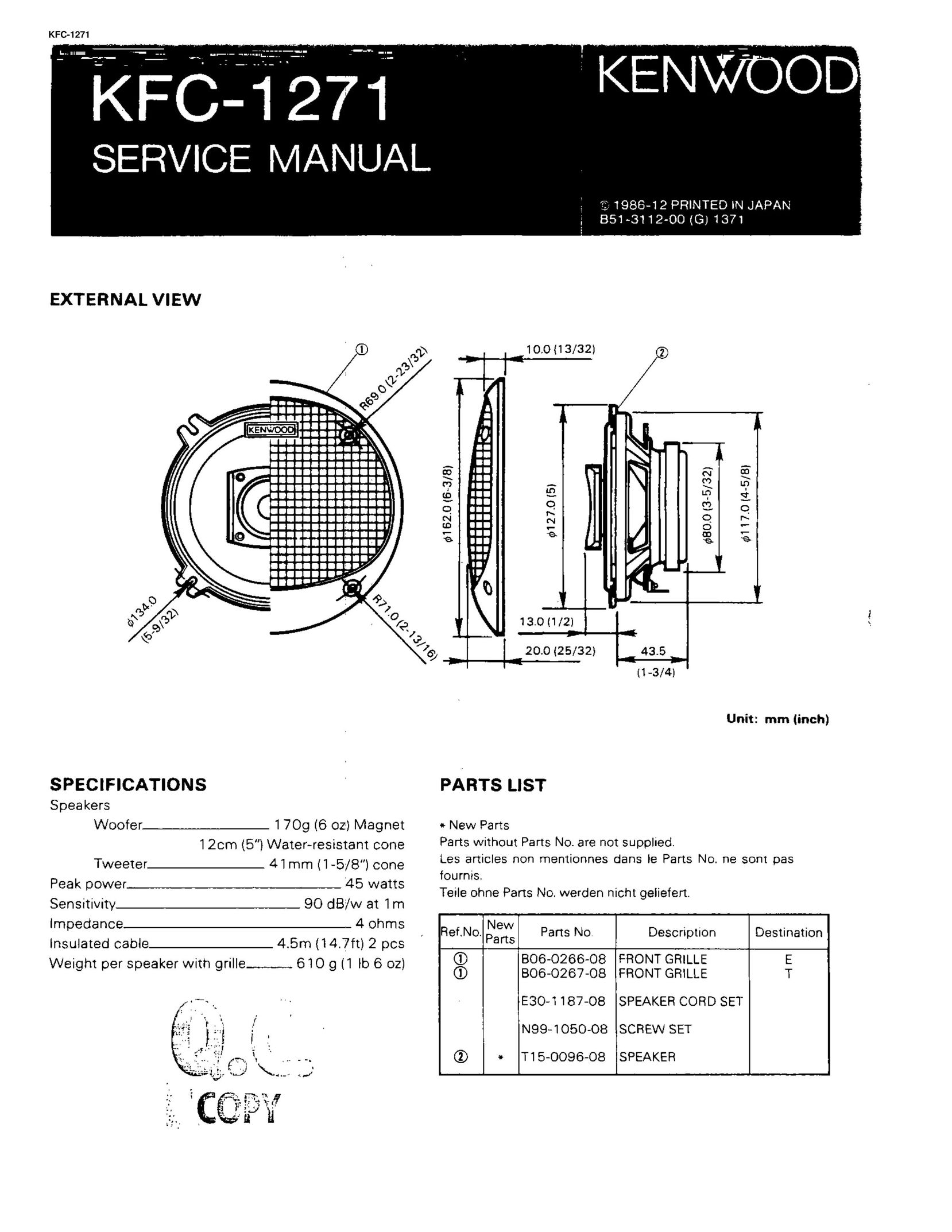 Kenwood KFC-1271 Speaker User Manual