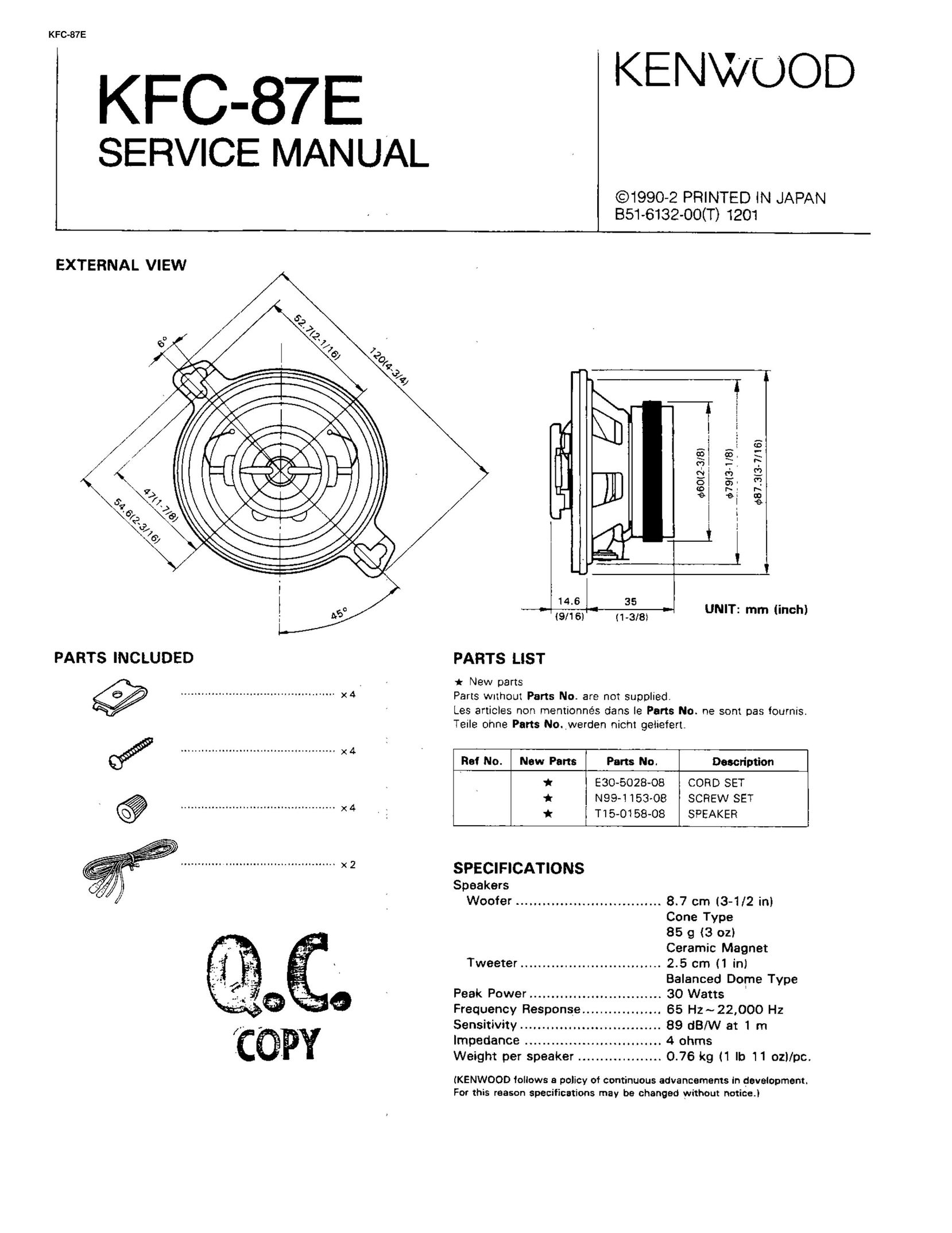 Kenwood KFC-87E Speaker User Manual