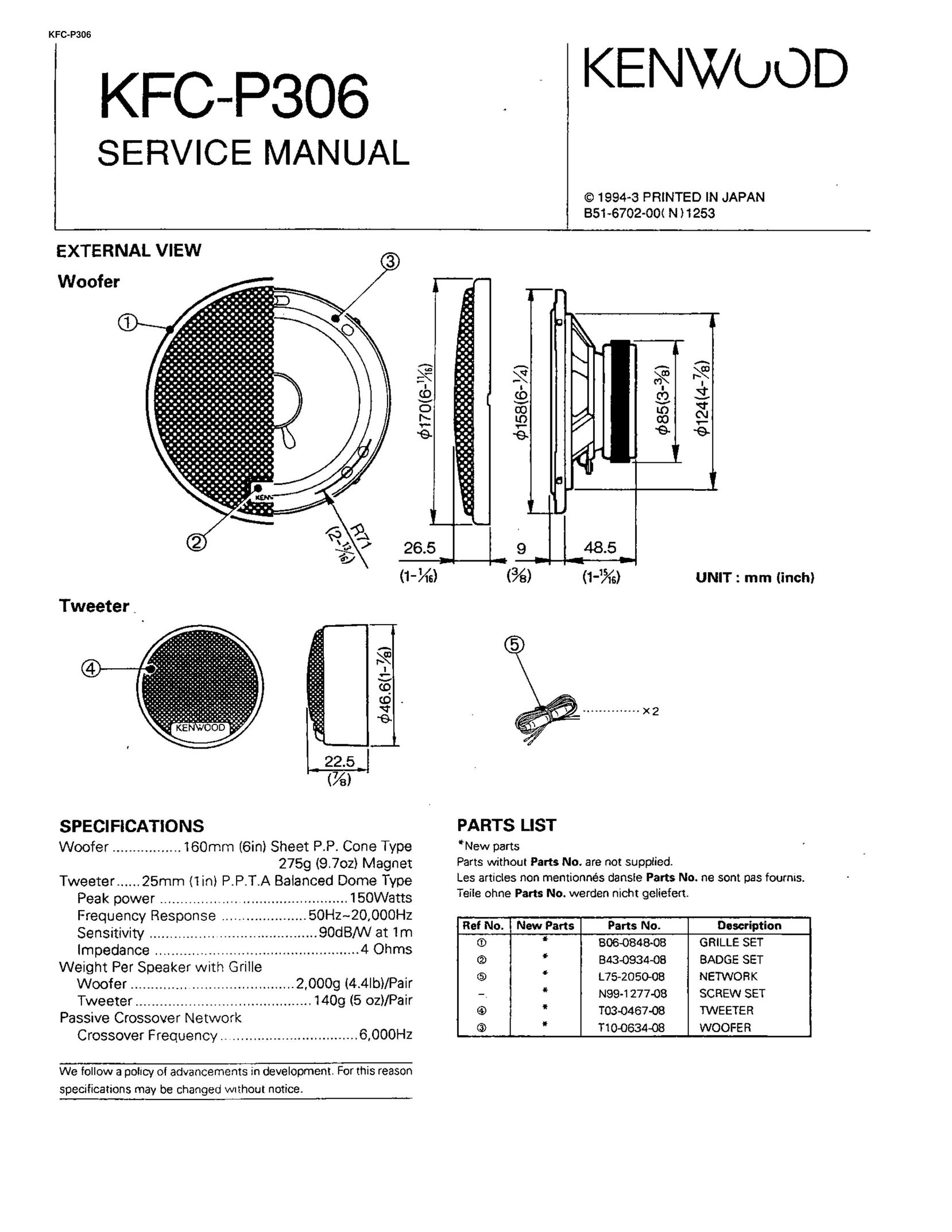 Kenwood KFC-P306 Speaker User Manual