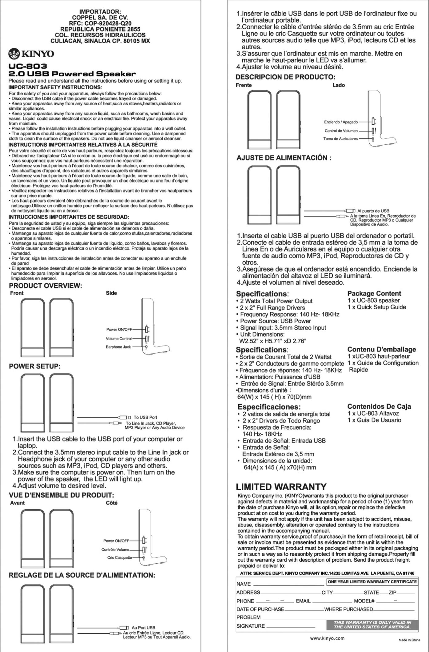 Kinyo UC-803 Speaker User Manual