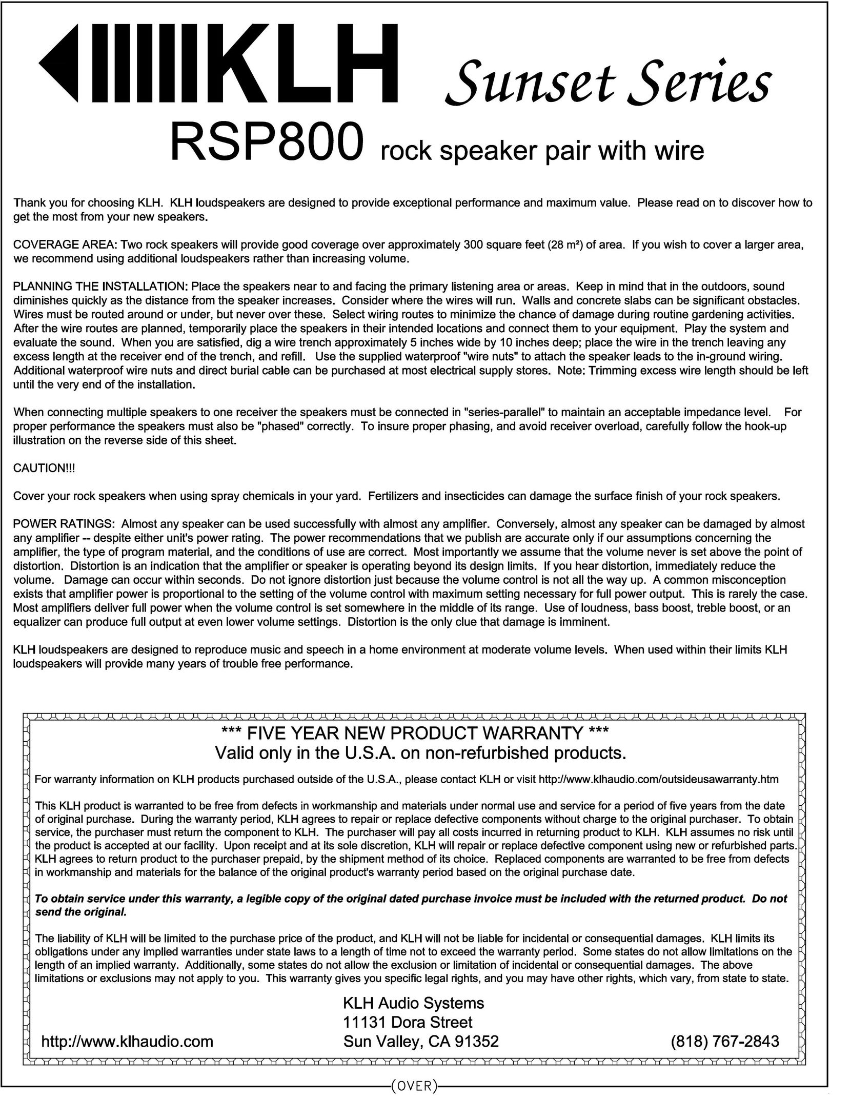 KLH RSP800 Speaker User Manual