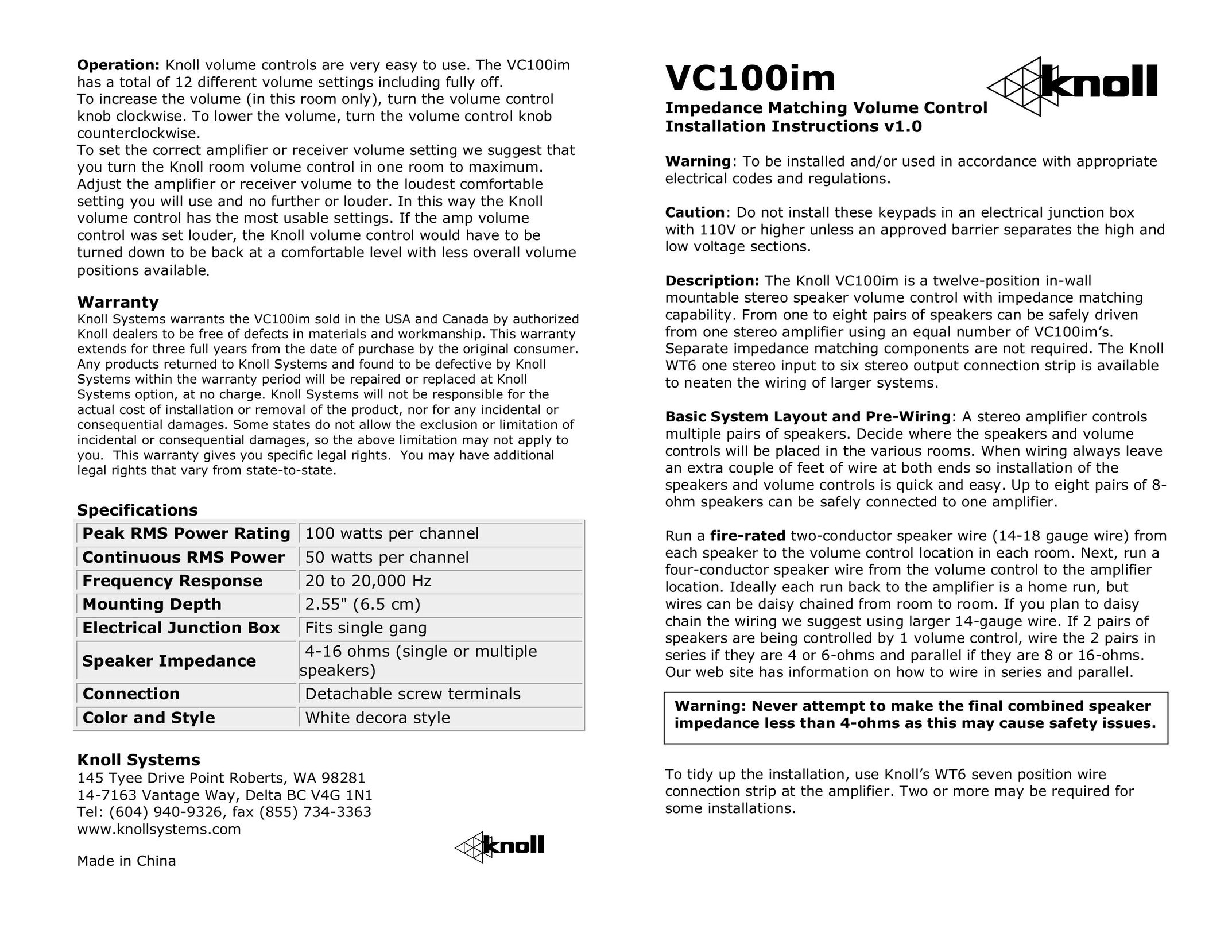 Knoll Systems VC100IM Speaker User Manual