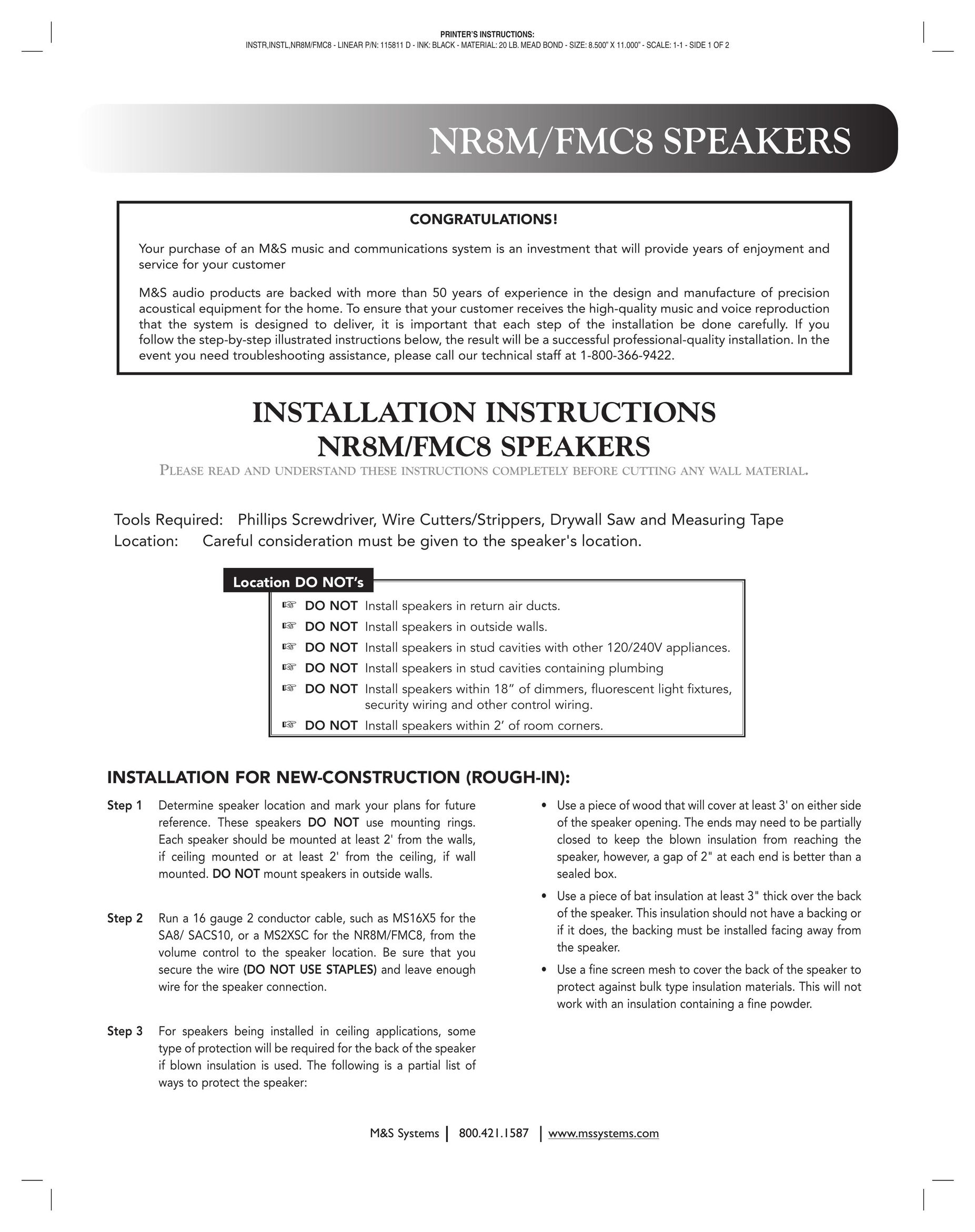 M&S Systems NR8M Speaker User Manual
