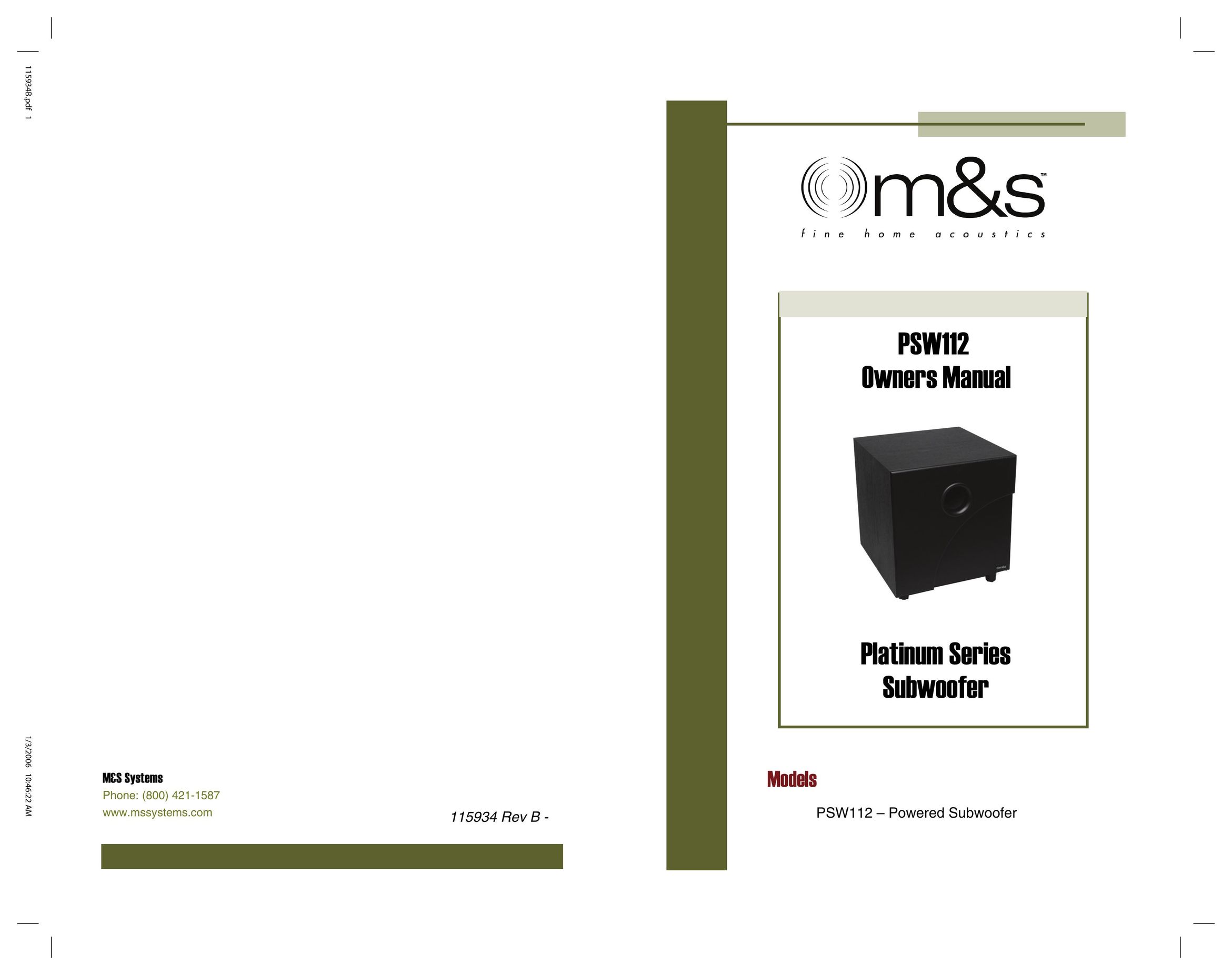 M&S Systems PSW112 Speaker User Manual