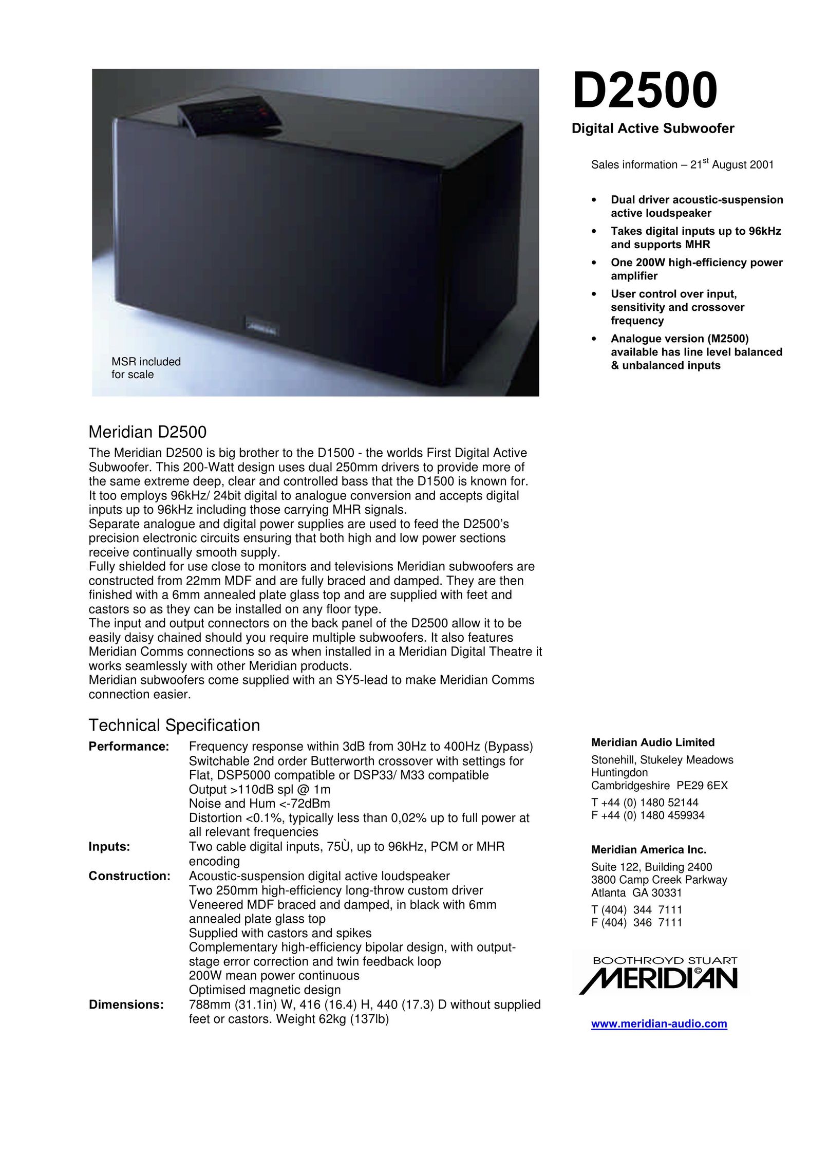 Meridian America D2500 Speaker User Manual