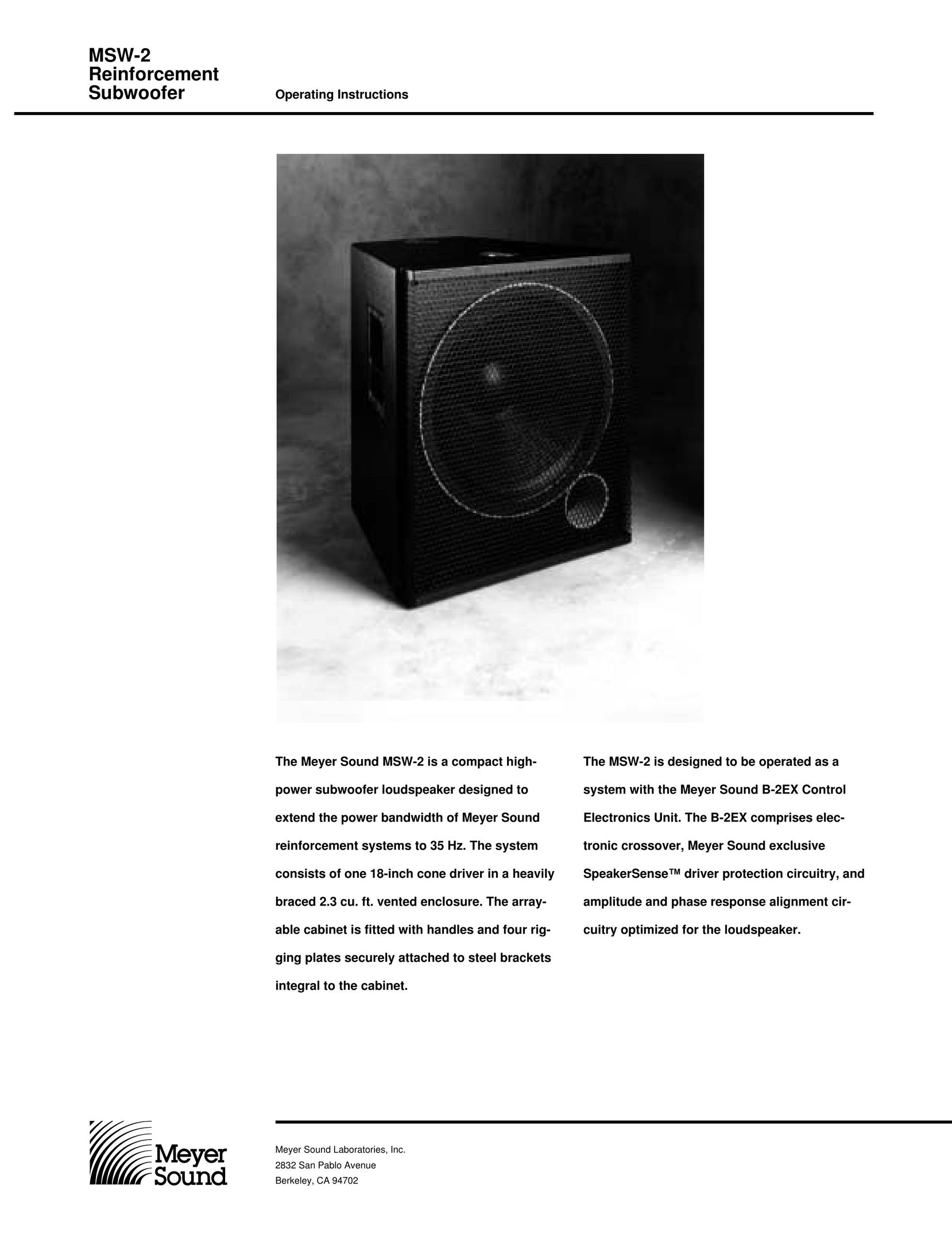 Meyer Sound MSW-2 Speaker User Manual