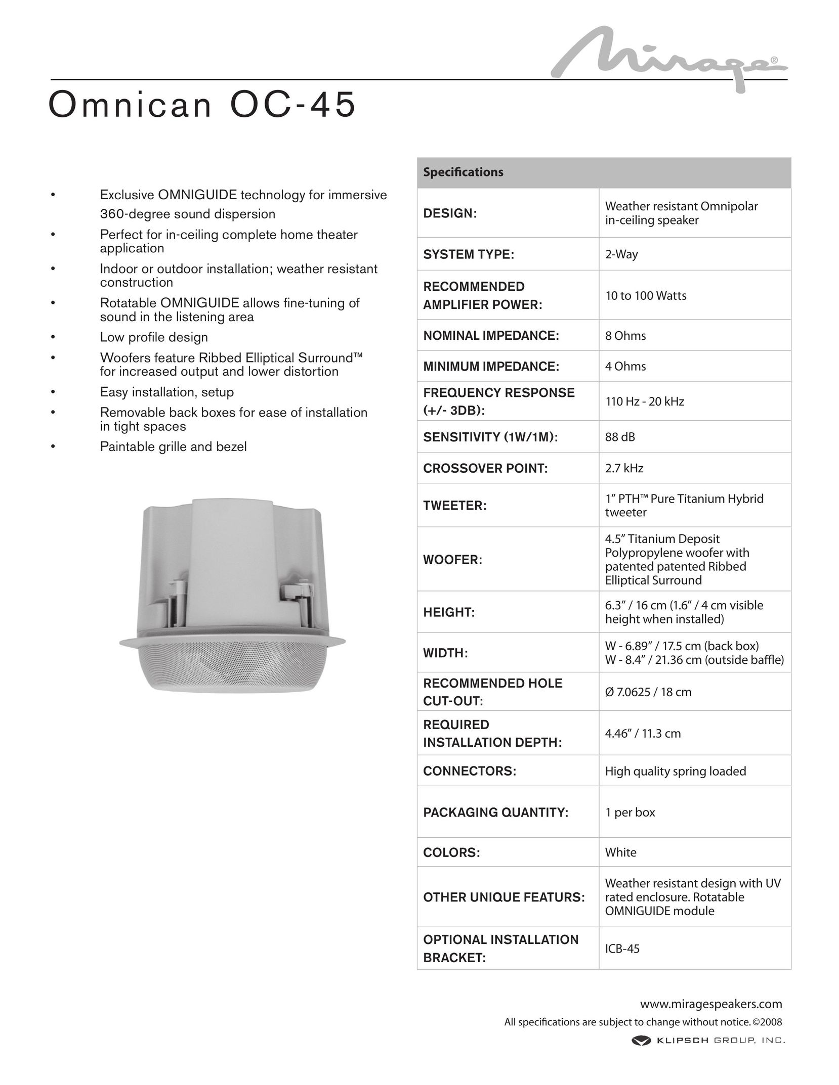 Mirage Loudspeakers OC-45 Speaker User Manual