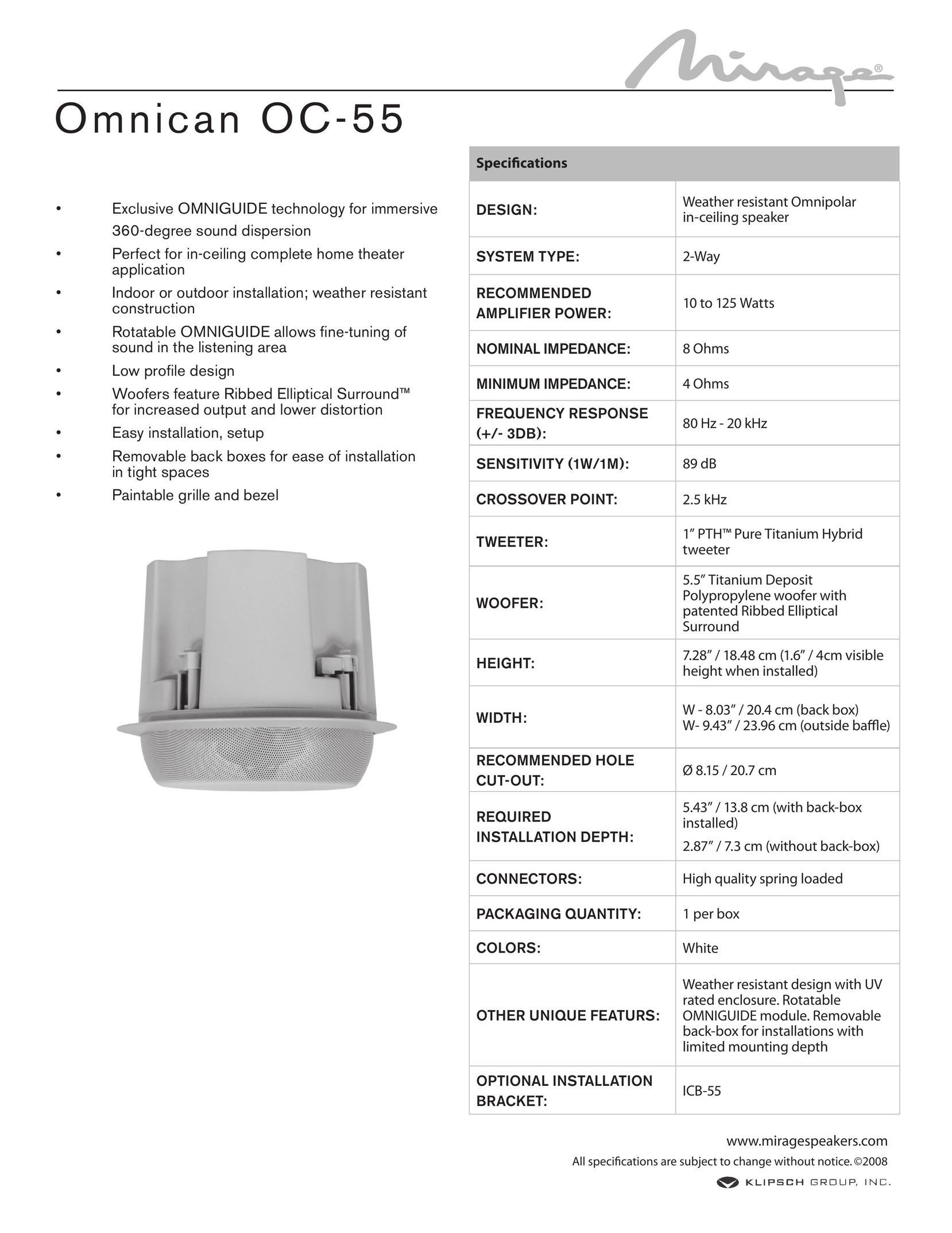 Mirage Loudspeakers OC-55 Speaker User Manual