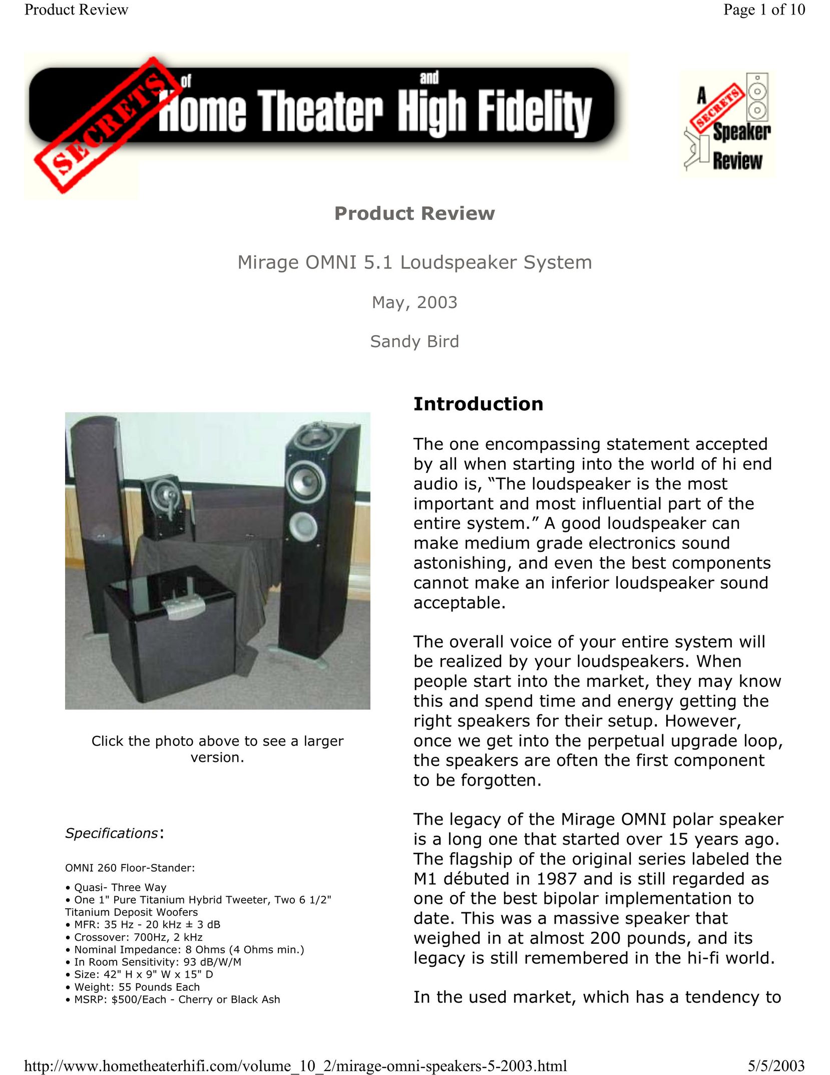 Mirage Loudspeakers OMNI 5.1 Speaker User Manual