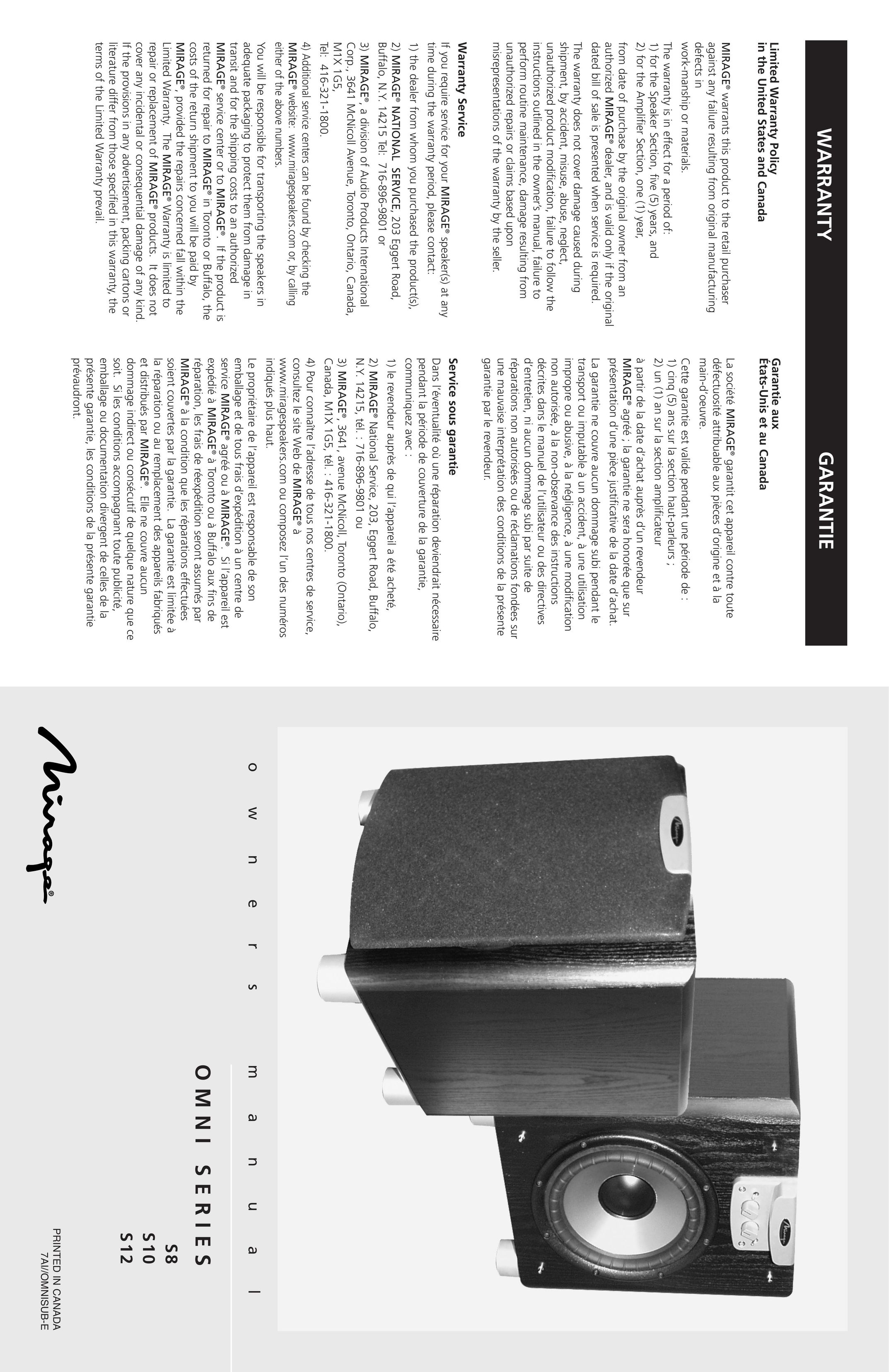 Mirage Loudspeakers OMNI-S8 Speaker User Manual