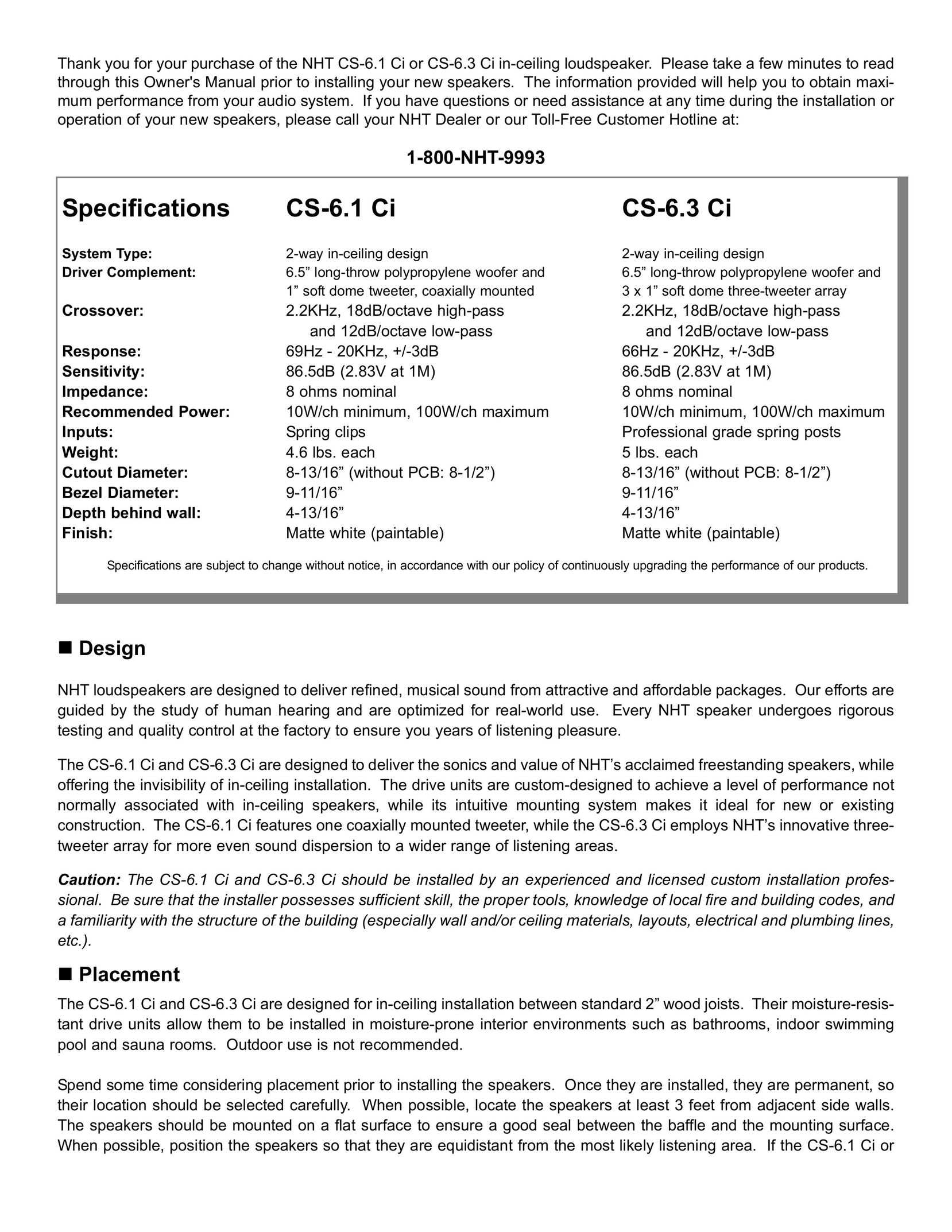 NHT CS-6.3 Ci Speaker User Manual