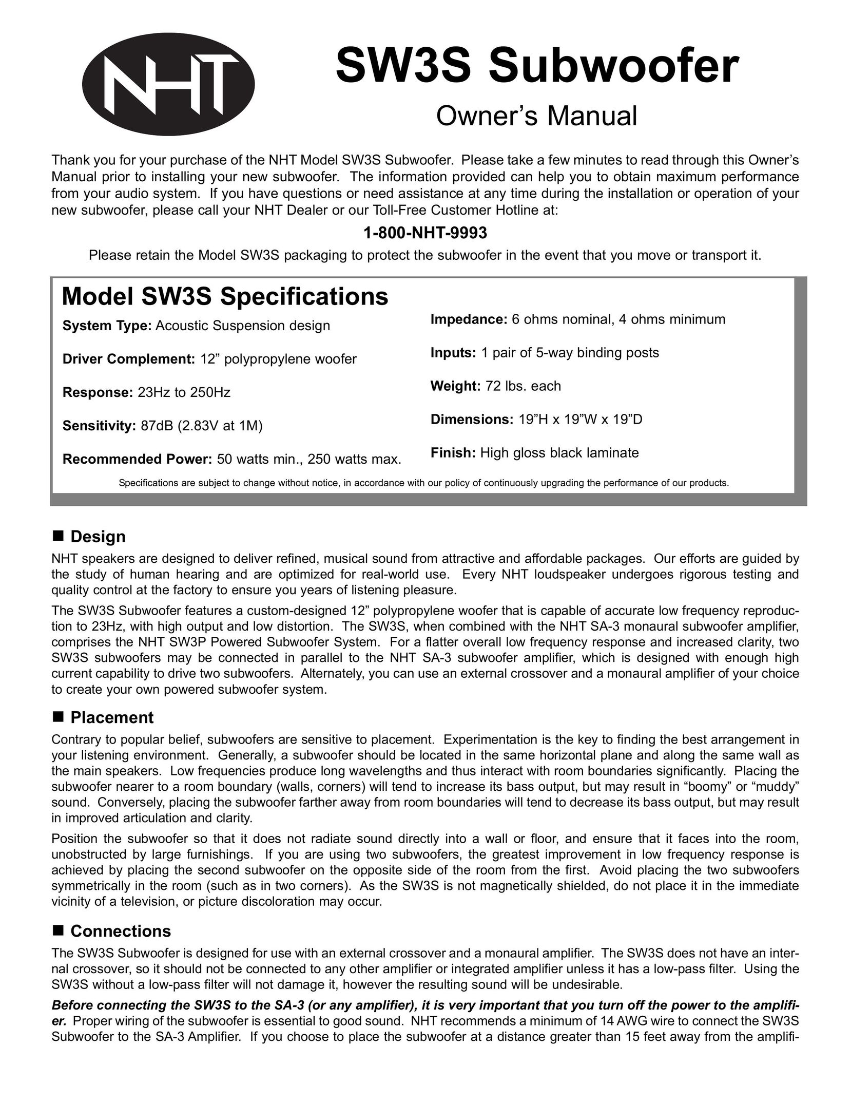 NHT SW3S Speaker User Manual