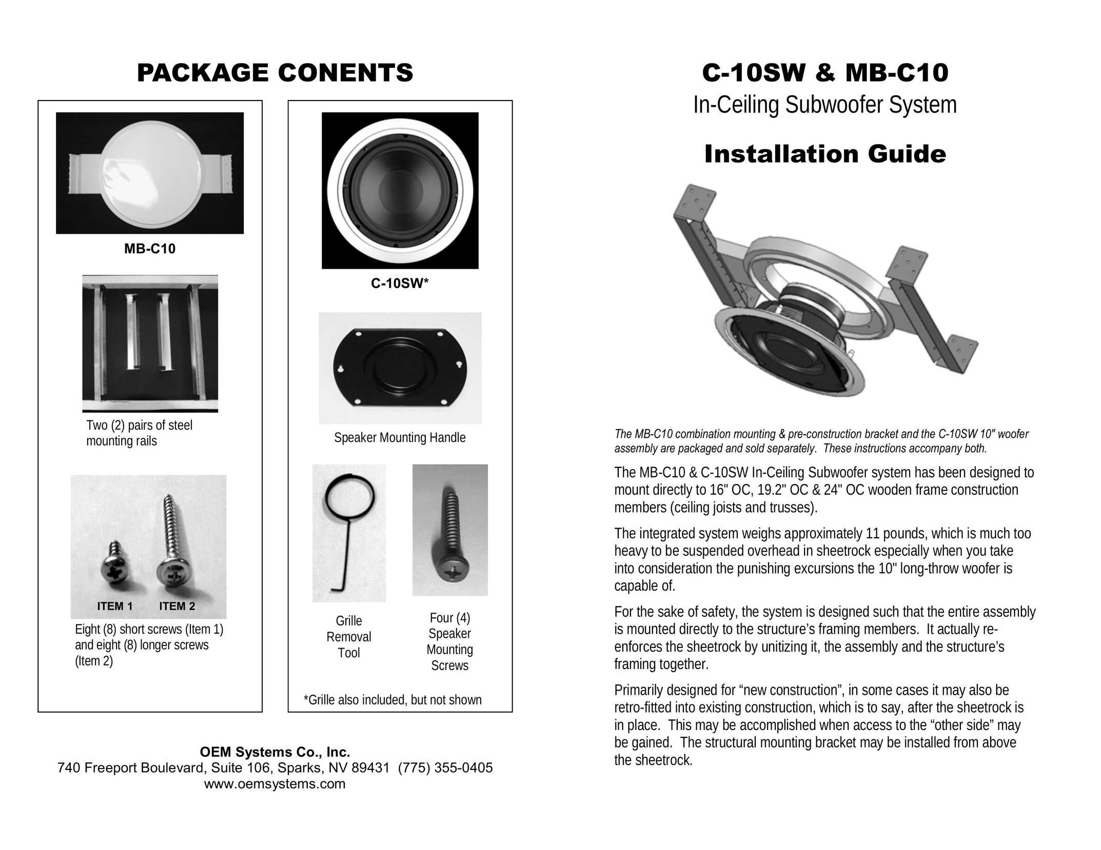 OEM Systems C-10SW Speaker User Manual