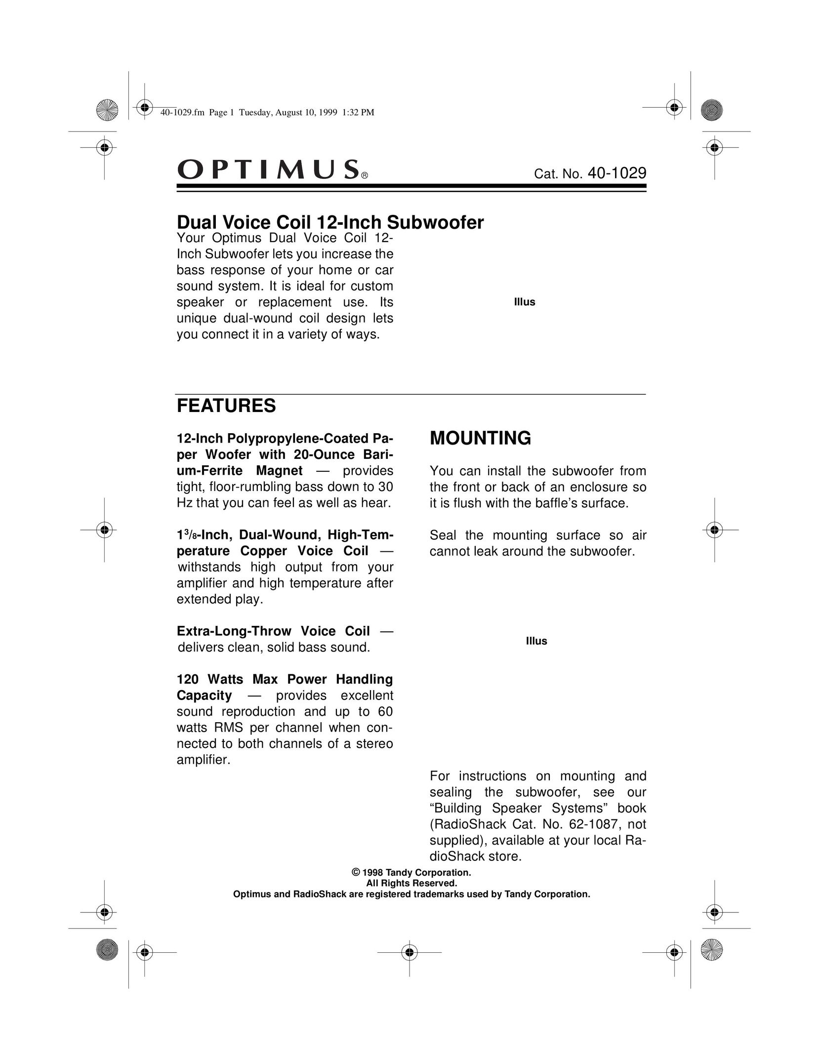 Optimus 40-1029 Speaker User Manual