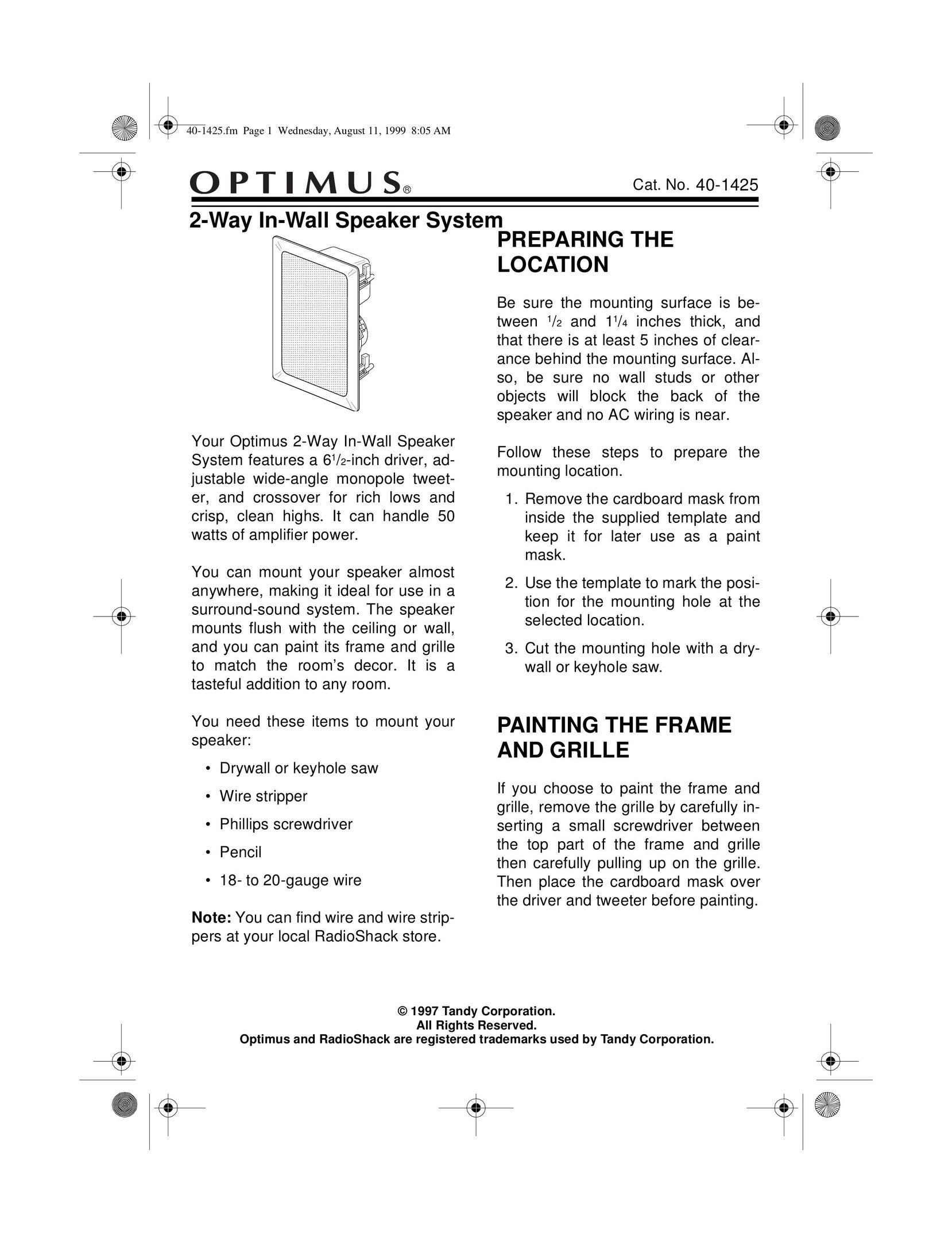 Optimus 40-1425 Speaker User Manual