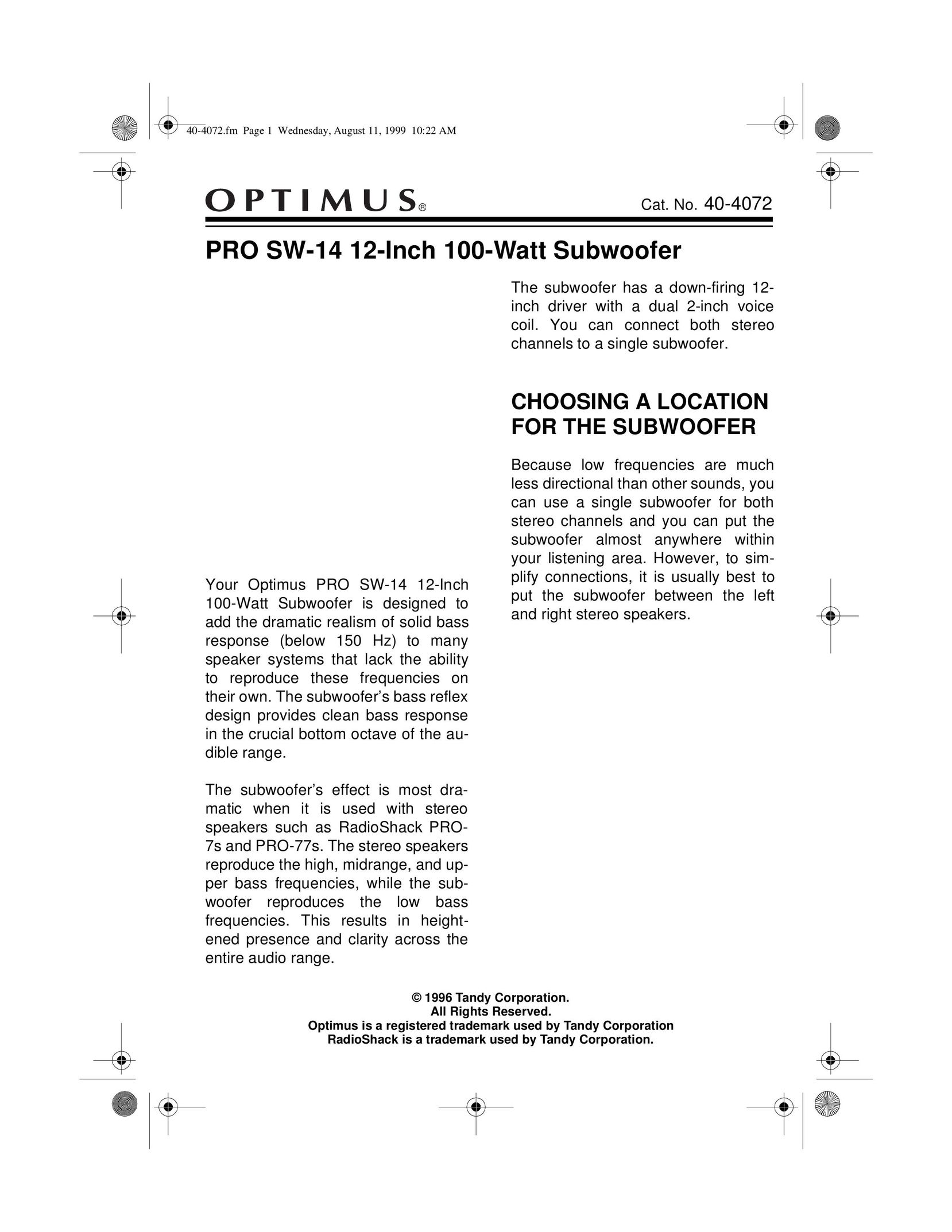 Optimus PRO SW-14 Speaker User Manual