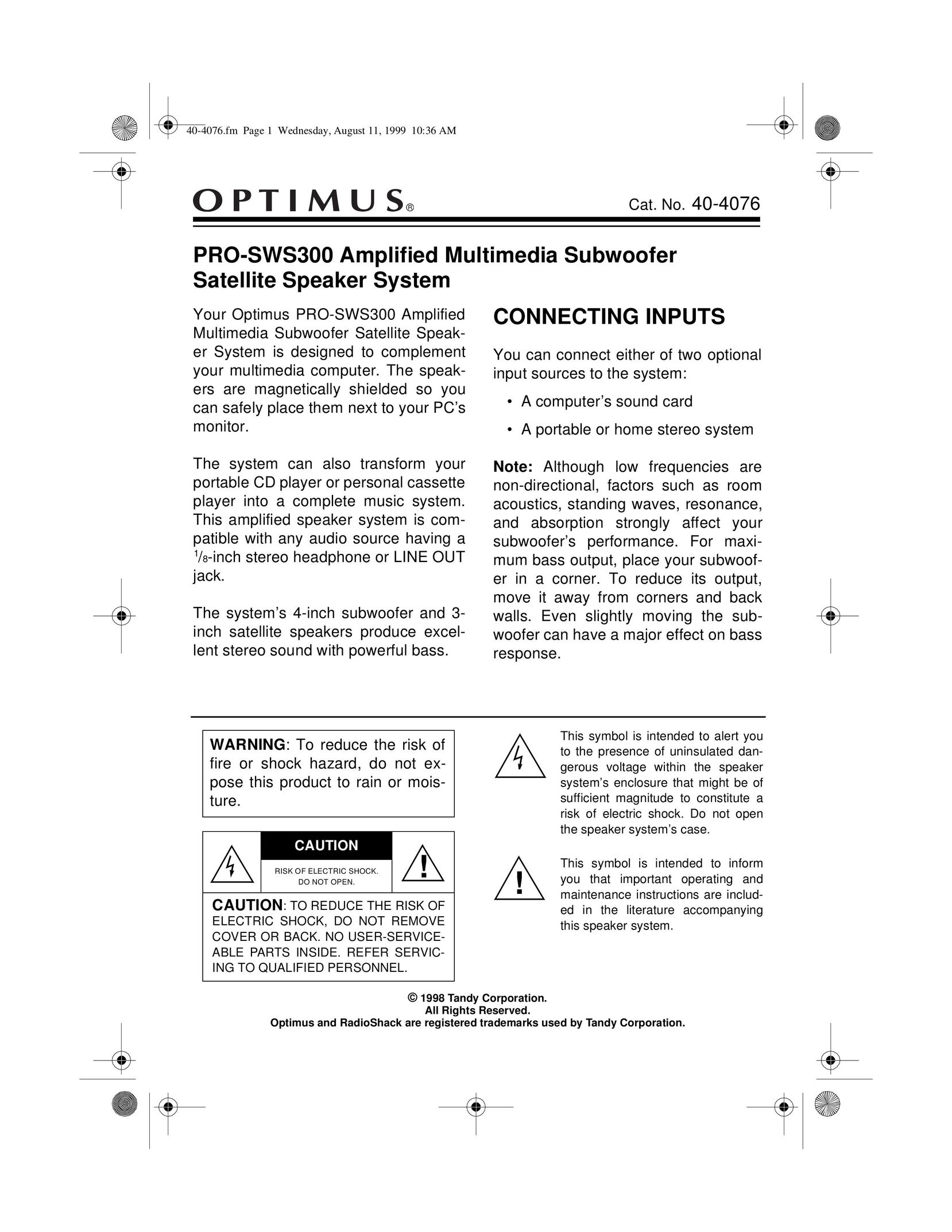 Optimus PRO-SWS300 Speaker User Manual