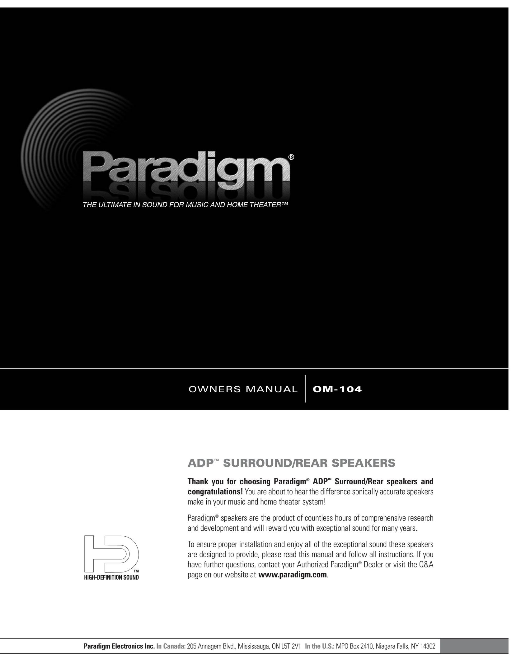 Paradigm ADP SURROUND/REAR SPEAKERS Speaker User Manual