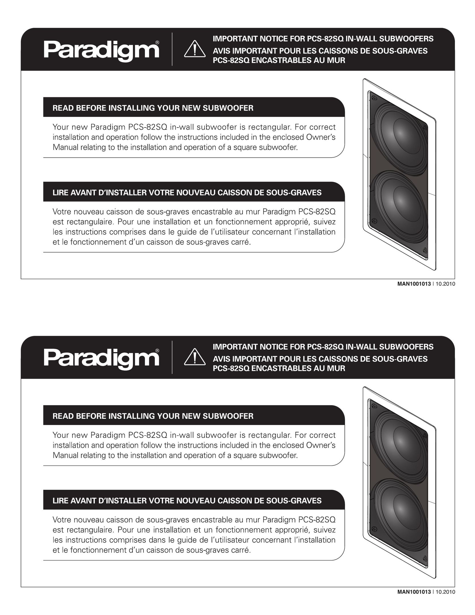 Paradigm Paradigm In-Wall Subwoofer Speaker User Manual