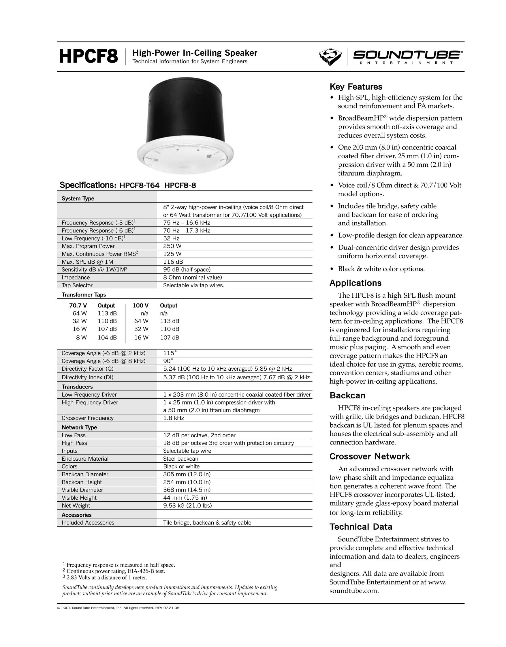 Phase Technology HPCF8 Speaker User Manual