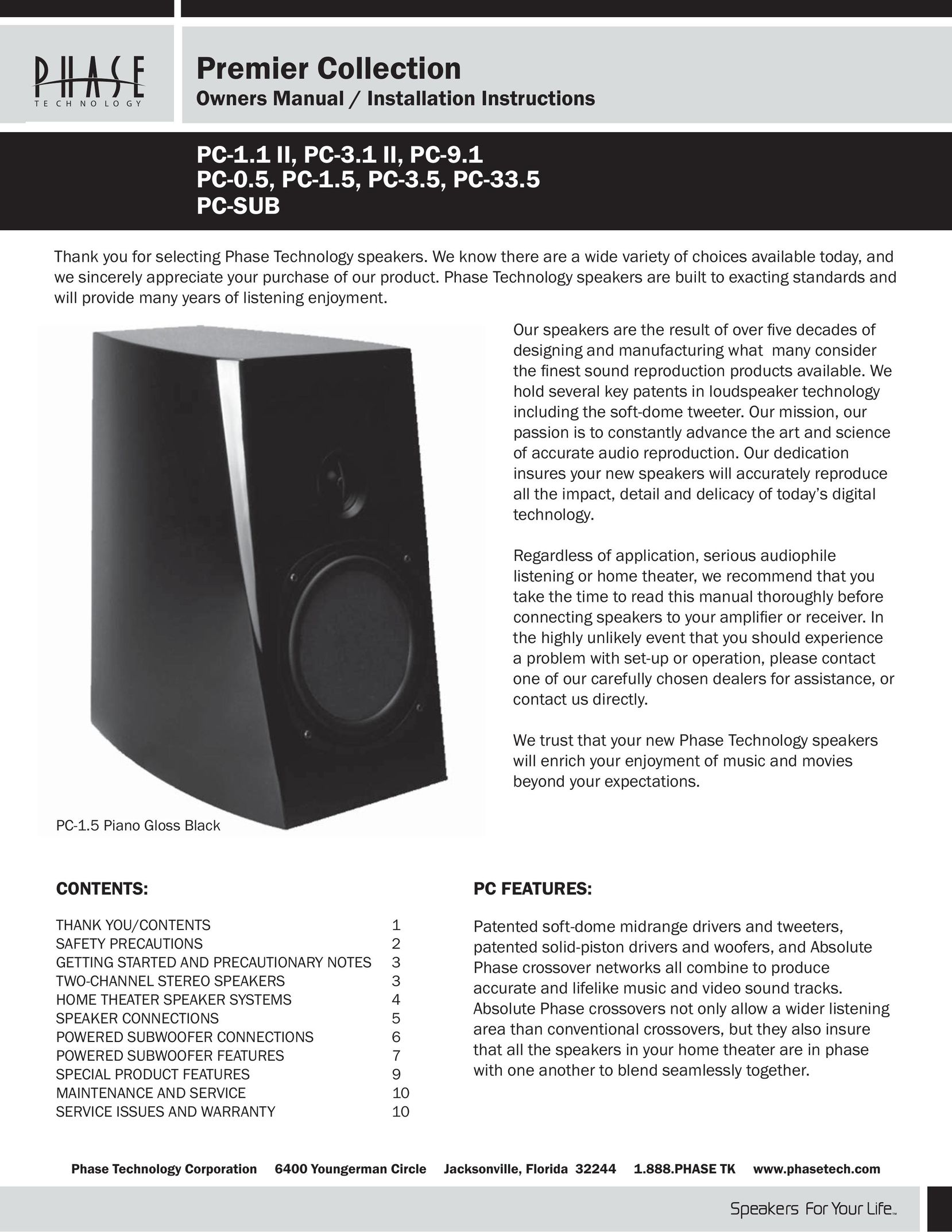 Phase Technology PC-33.5 PC-SUB Speaker User Manual