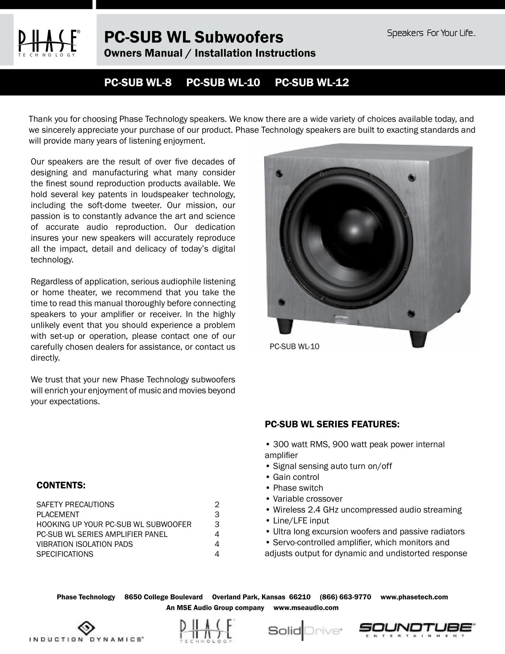 Phase Technology PC-SUB WL-8 Speaker User Manual