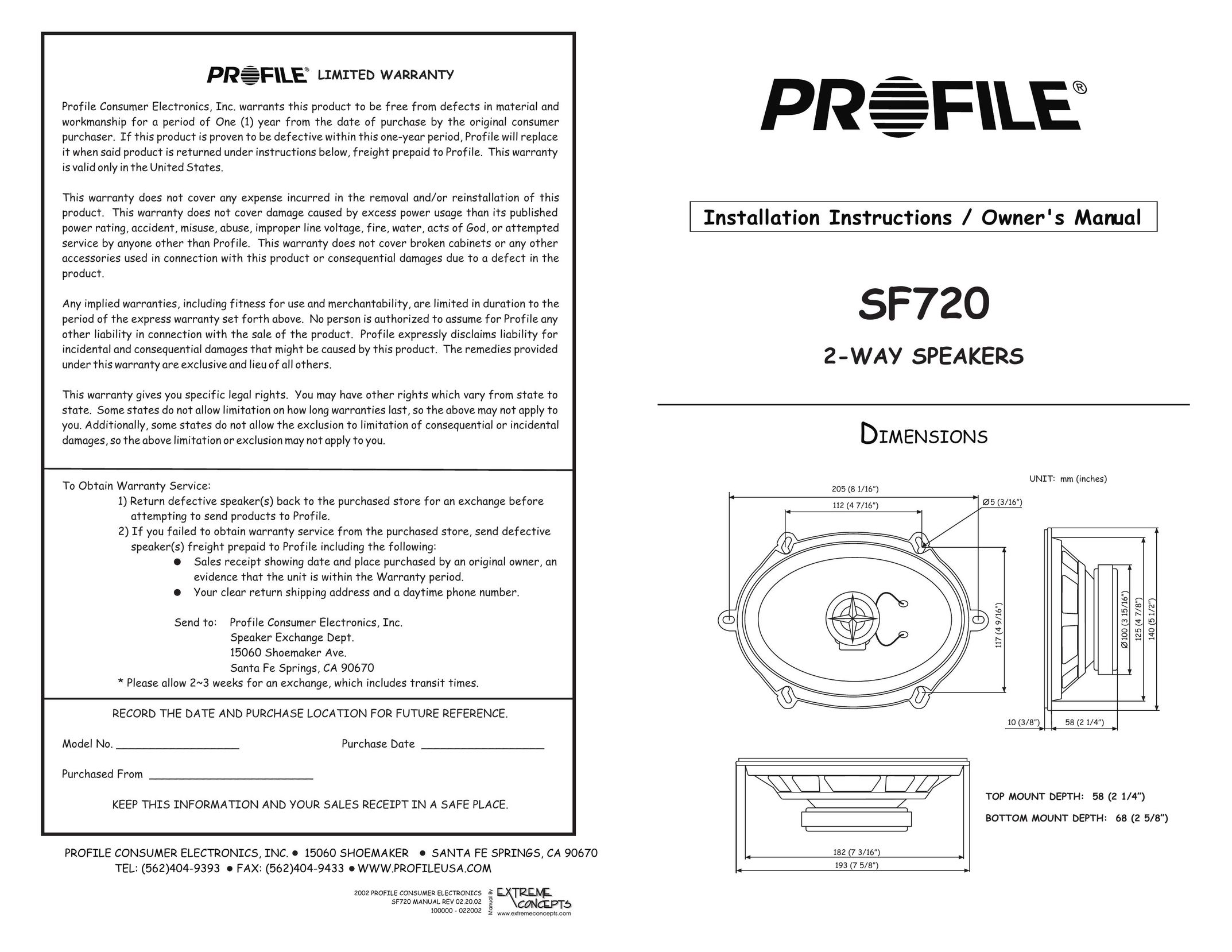 Profile SF720 Speaker User Manual