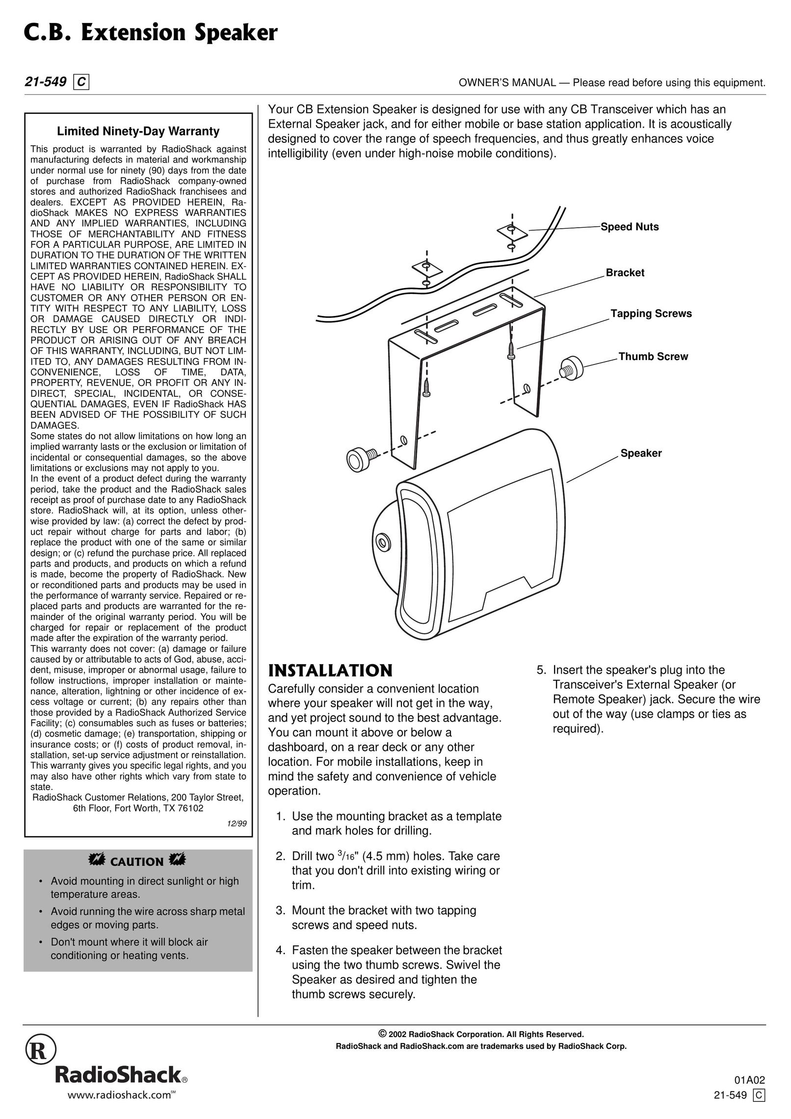 Radio Shack 21-549 Speaker User Manual