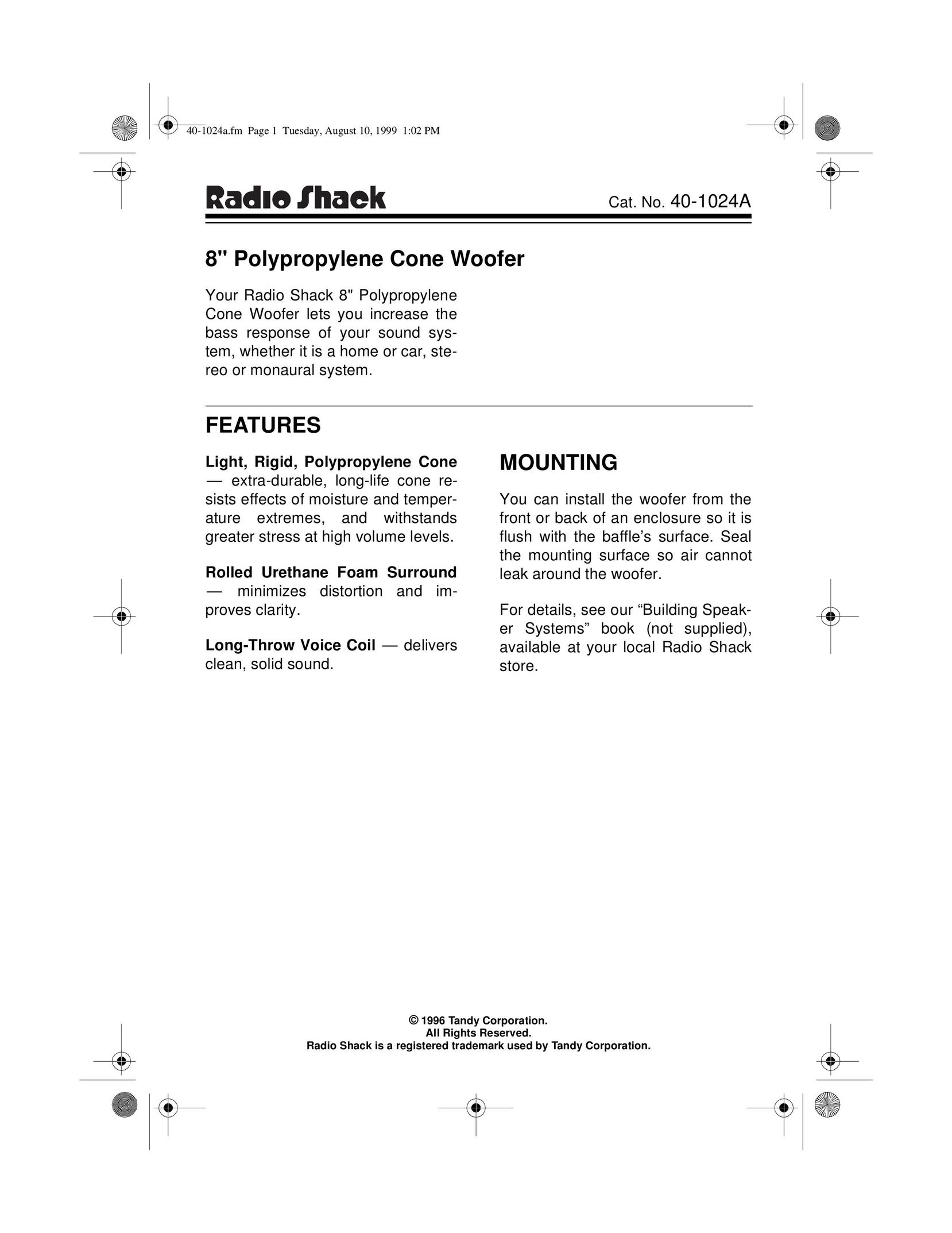 Radio Shack 40-1024A Speaker User Manual