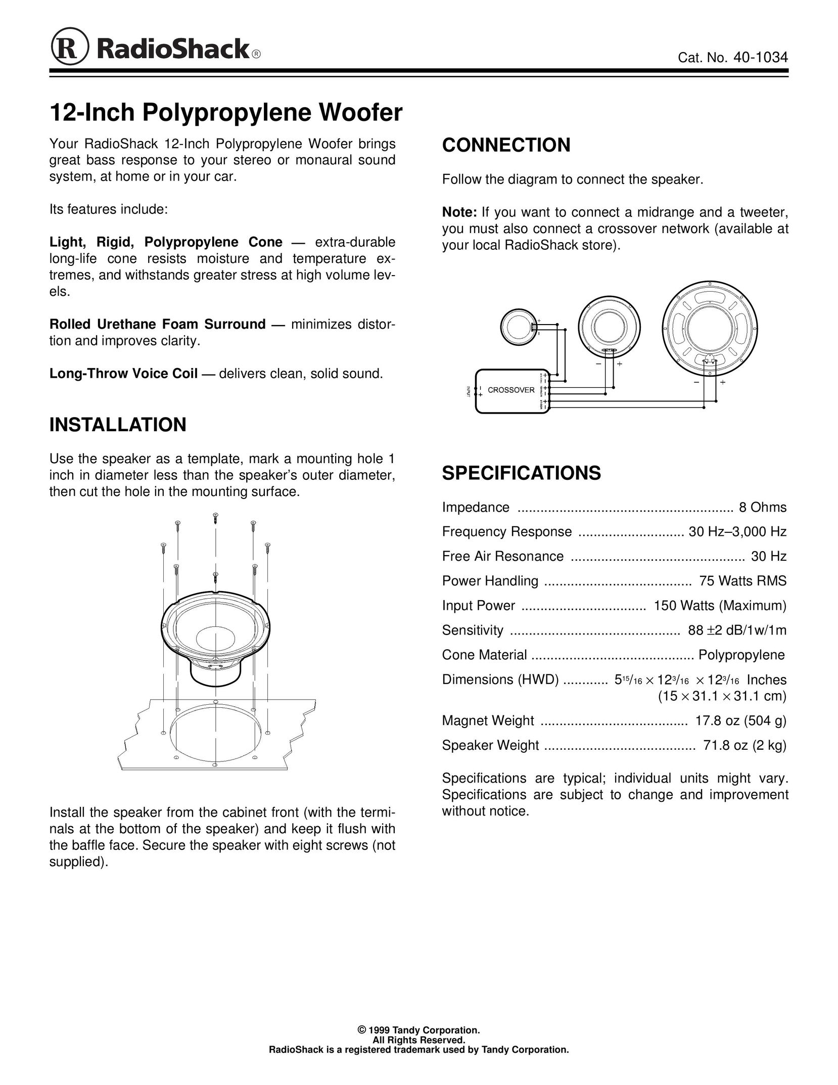 Radio Shack 40-1034 Speaker User Manual