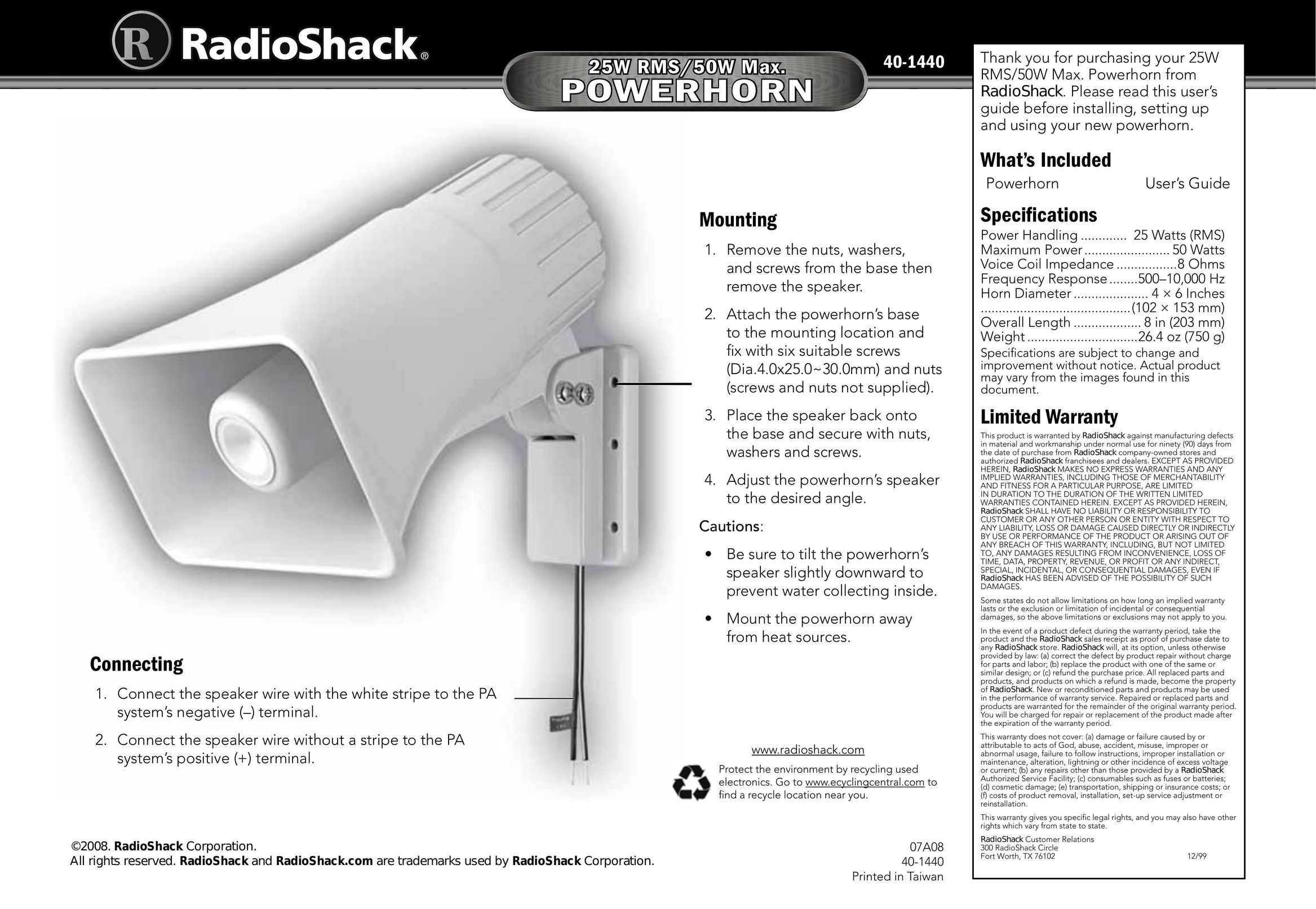 Radio Shack 40-1440 Speaker User Manual